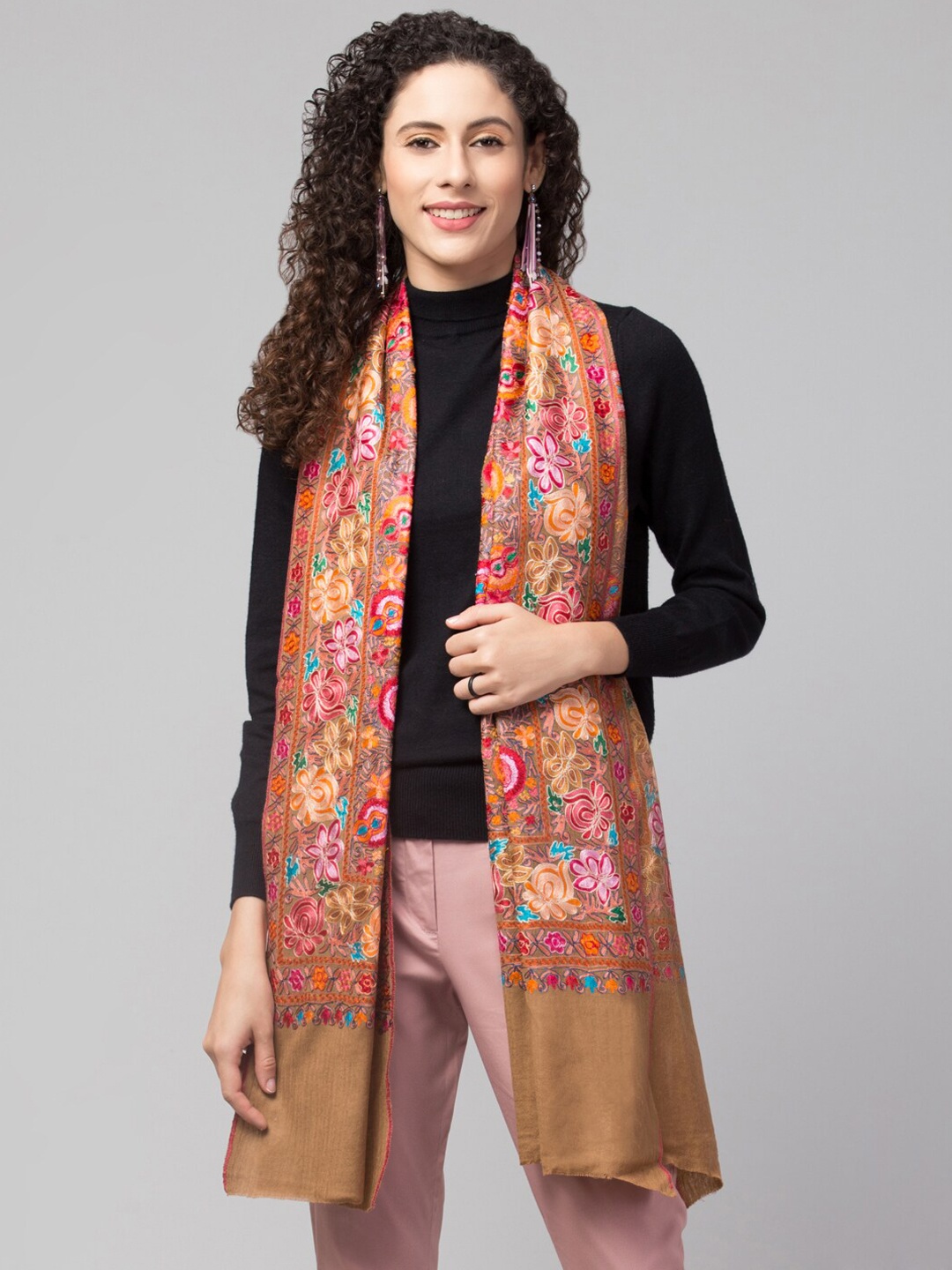 

Tweedle Women Floral Embroidered Woolen Shawl, Beige