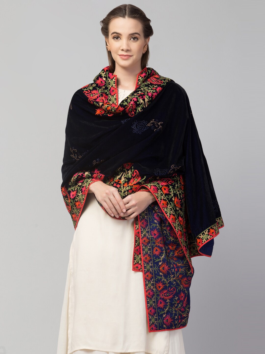 

Tweedle Women Embroidered Velvet Shawl, Navy blue