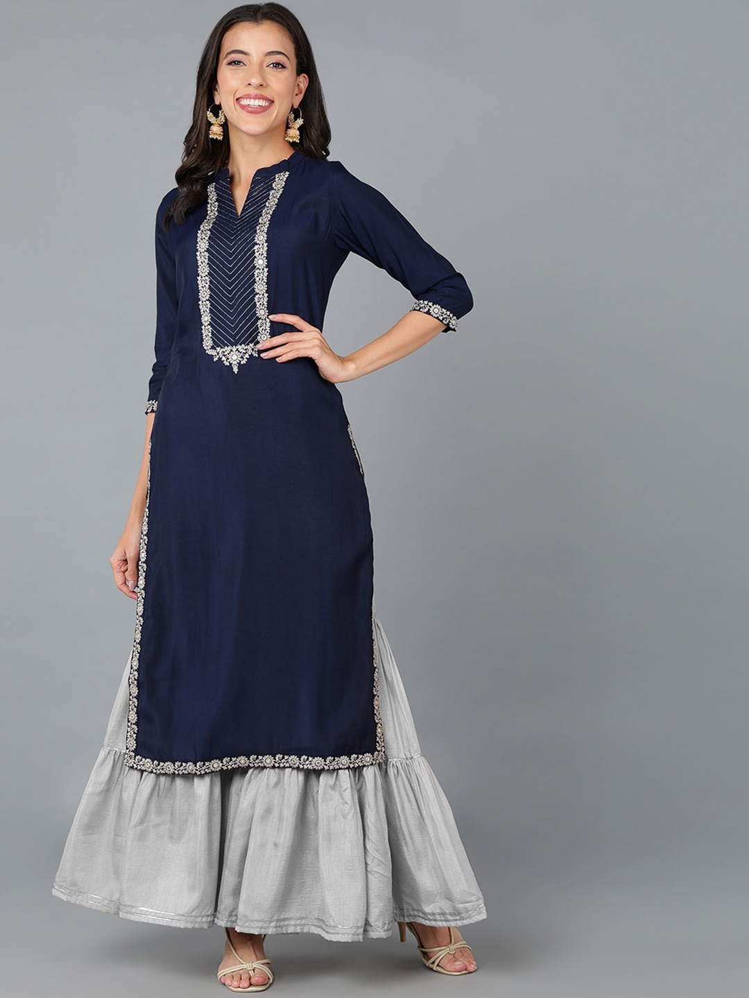 

AHIKA Women Navy Blue Yoke Design Flared Sleeves Gotta Patti Kurta