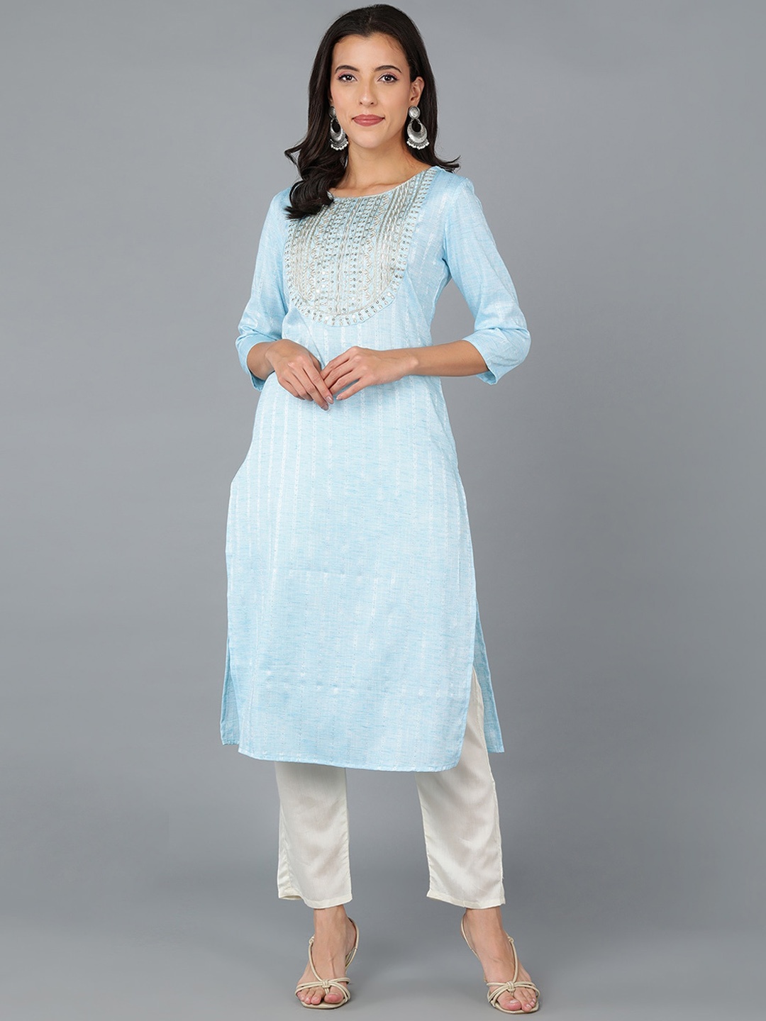 

AHIKA Women Yoke Design Zari Detail Straight Cotton Kurta, Turquoise blue