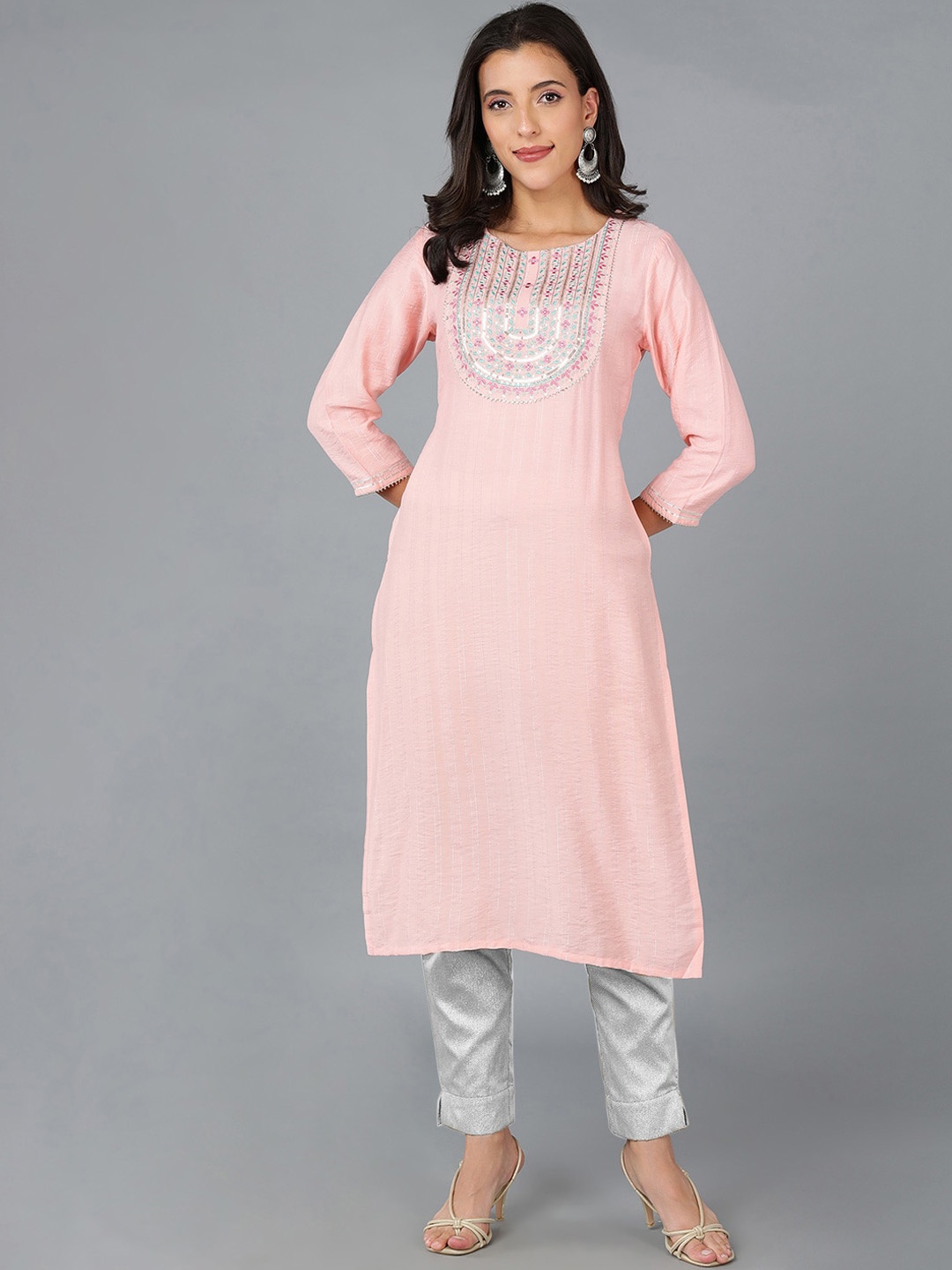 

AHIKA Women Yoke Design Zari Detail Straight Cotton Kurta, Pink