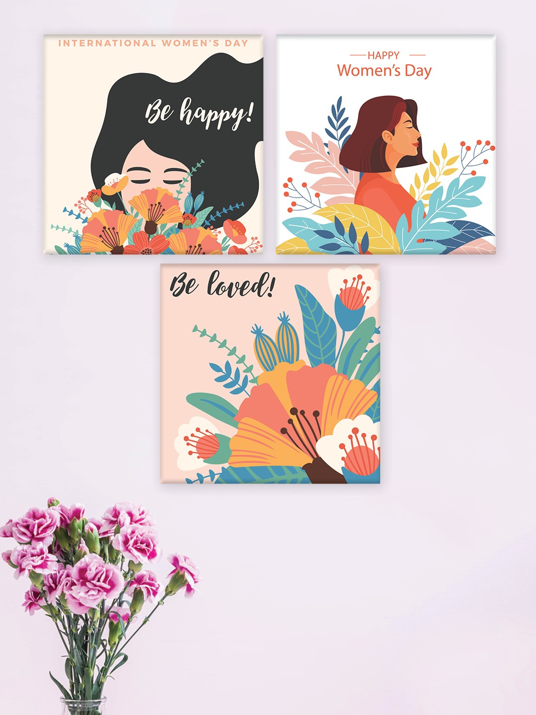 

RANDOM Pink & Blue 3-Pcs Women's Day Art Be happy Framed Wall Painting