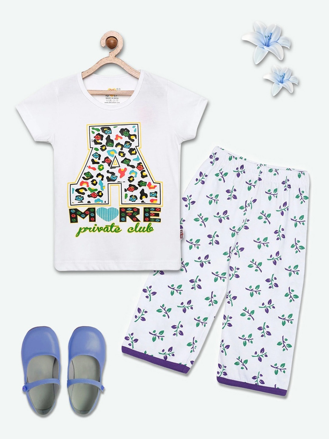 

SINI MINI Girls 2 Pieces Floral Printed Pure Cotton Night Suit, White