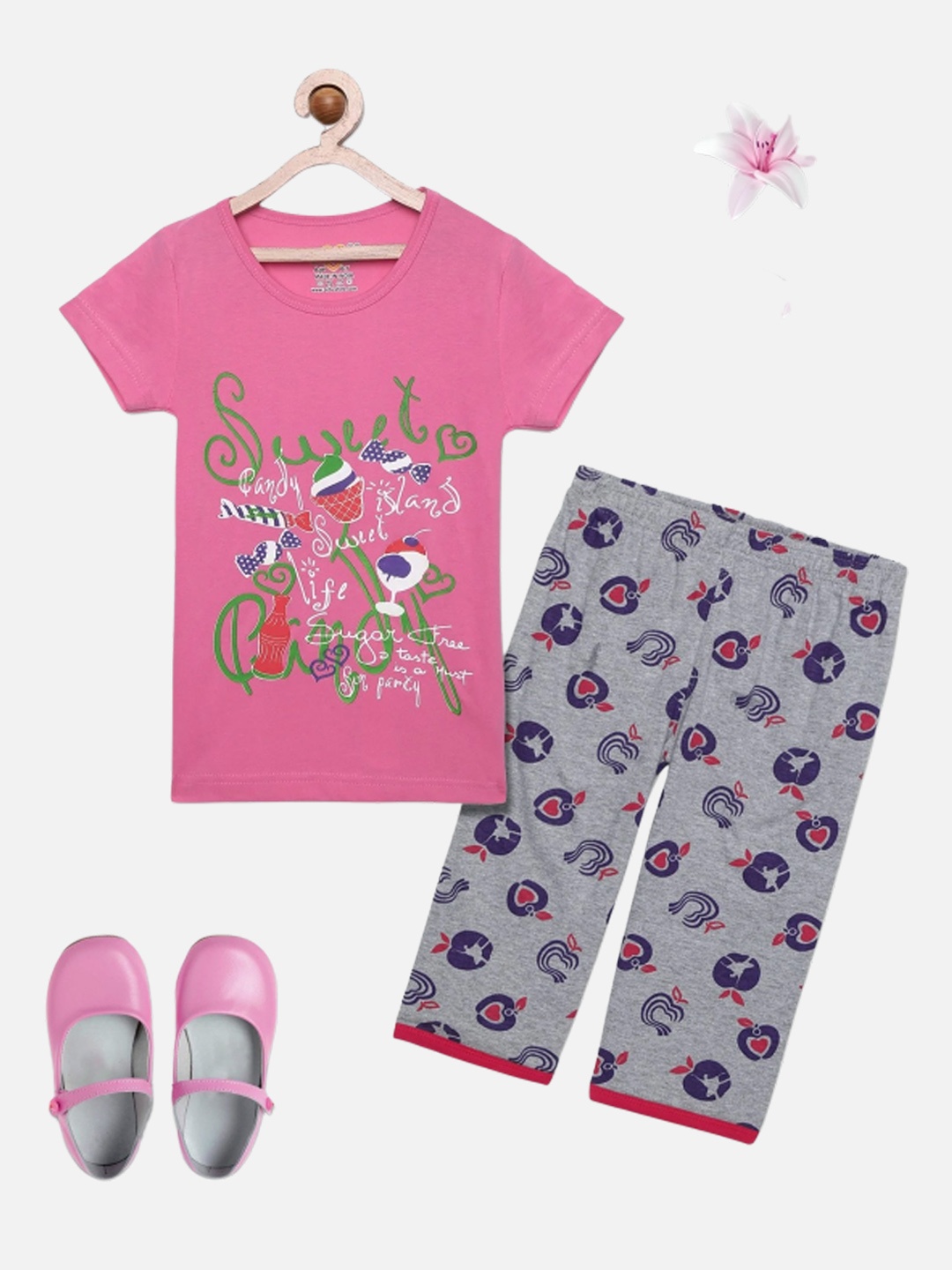 

SINI MINI Girls 2 Pieces Typography Printed Night Suit, Pink