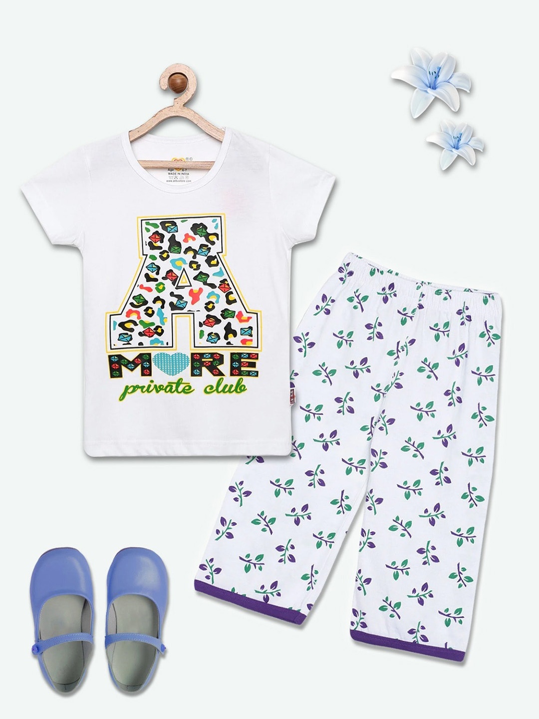 

SINI MINI Girls 2 Pieces Floral Printed Pure Cotton Night Suit, White