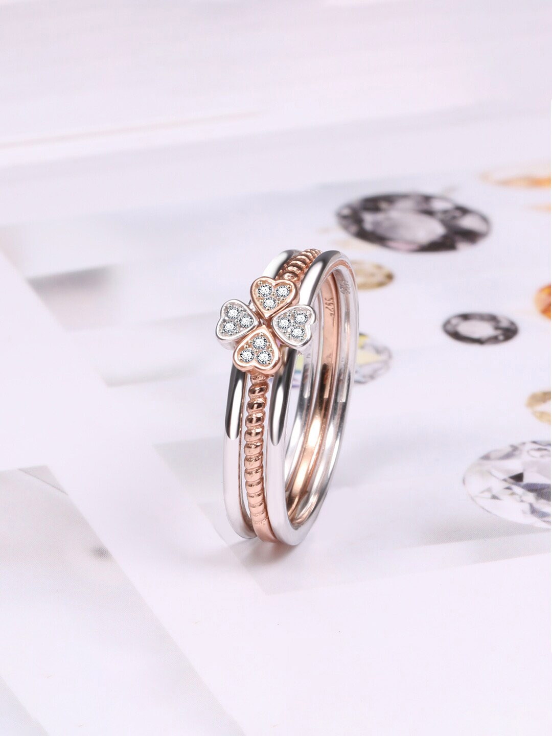 

Raajsi by Yellow Chimes 925 Sterling Silver Set Of 4 Rhodium & RoseGold-Plated Finger Ring, Rose gold