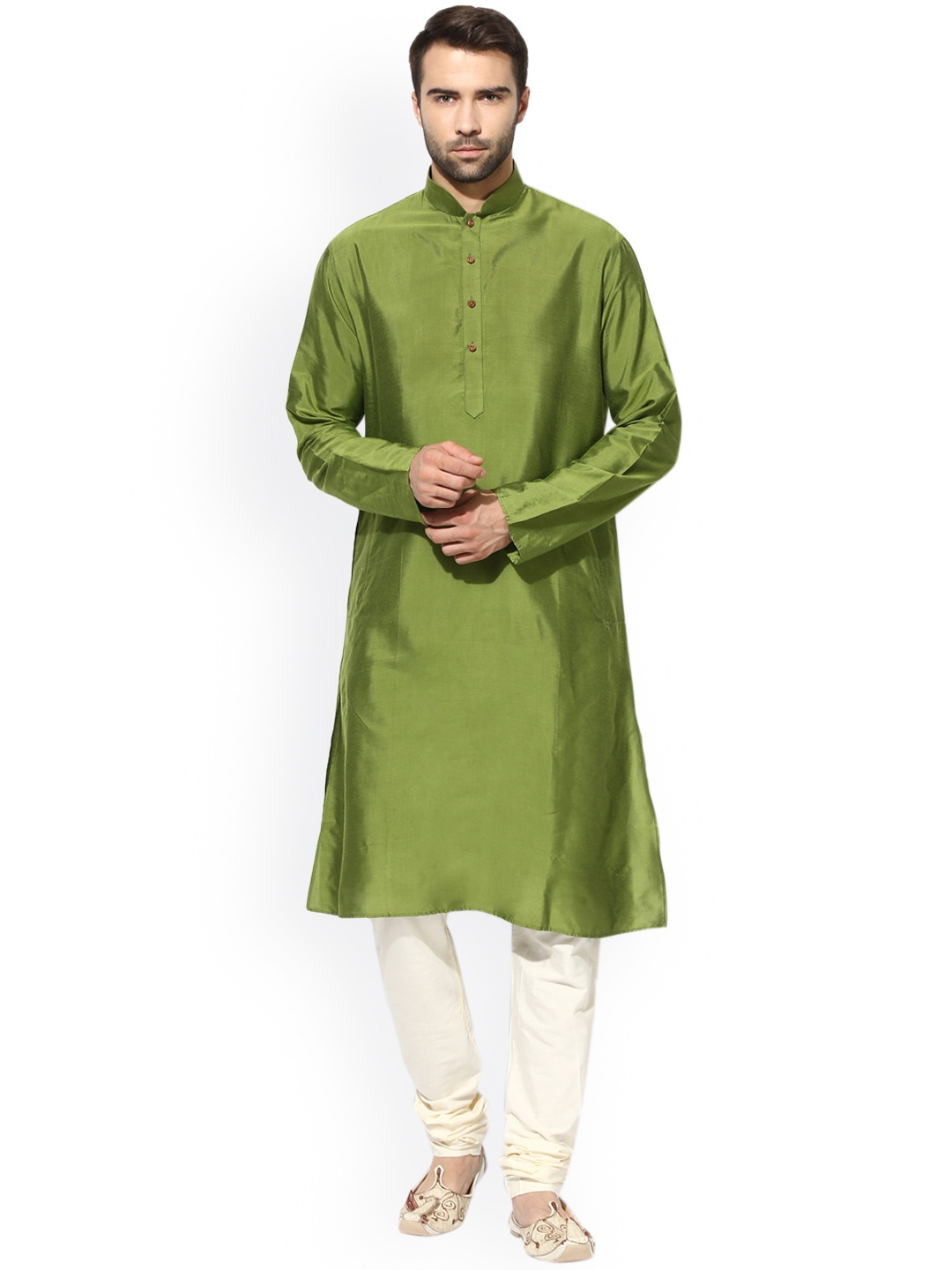 

KISAH Men Green & White Self Design Kurta with Churidar