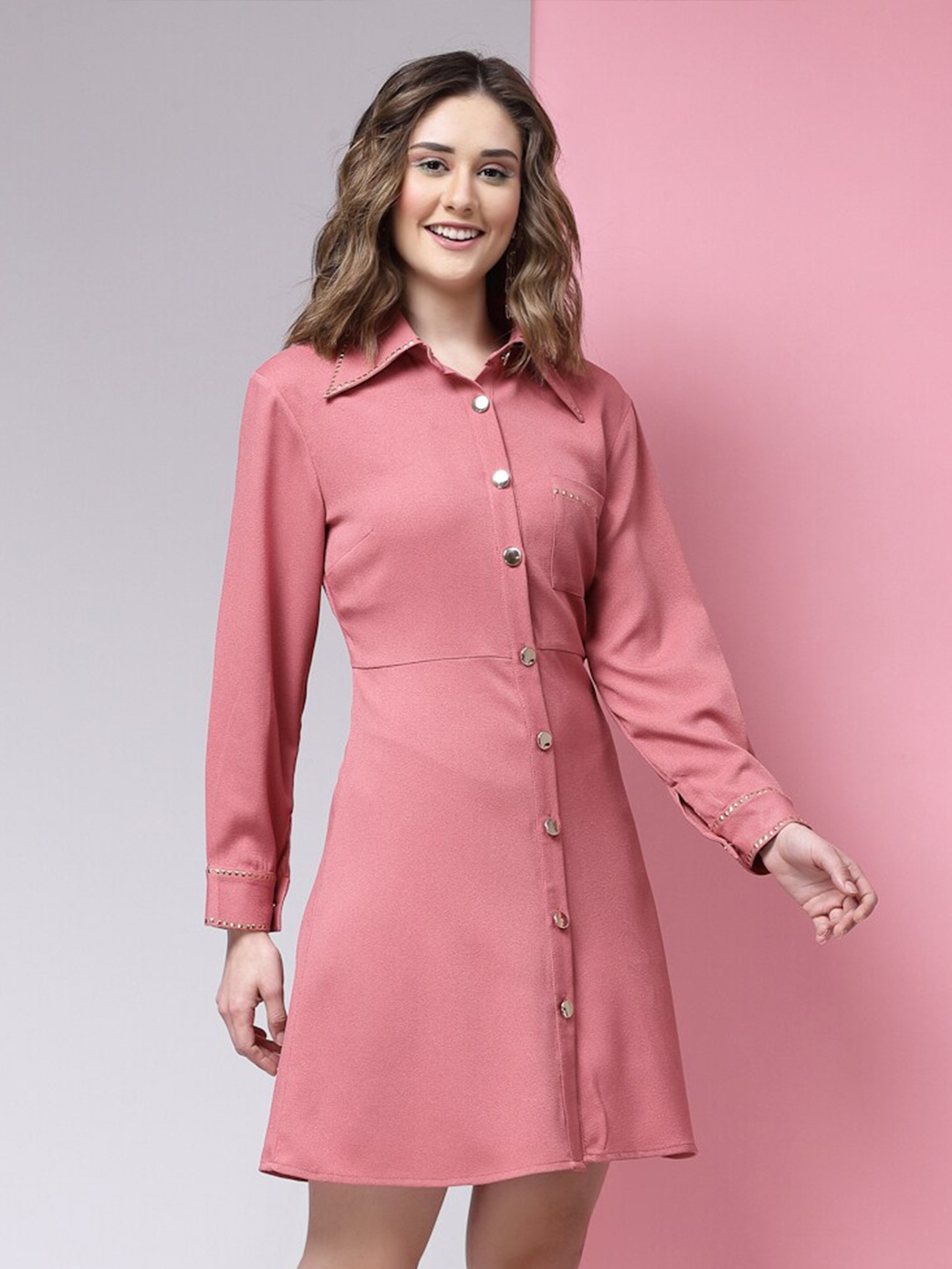

KASSUALLY Cuffed Sleeves Shirt Dress, Pink