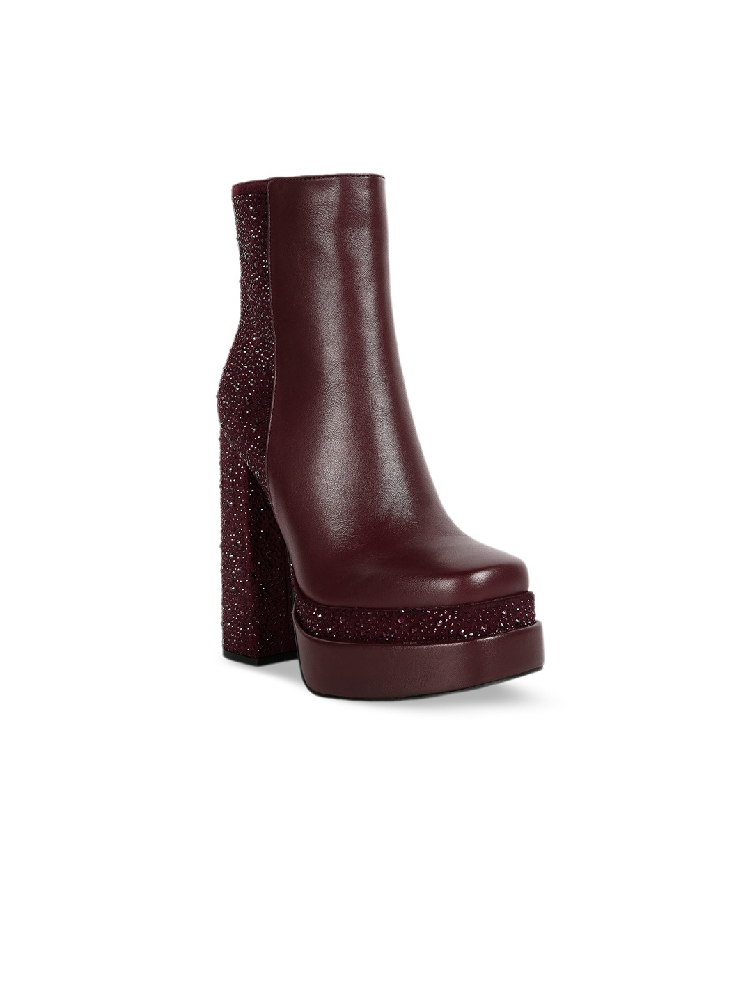 

London Rag Women Square Toe High Toe Block Heeled Winter Boots, Burgundy