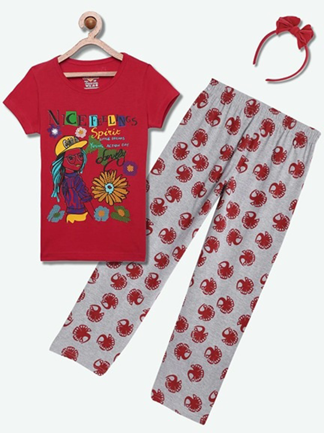 

SINI MINI Girls Printed Night suit, Maroon