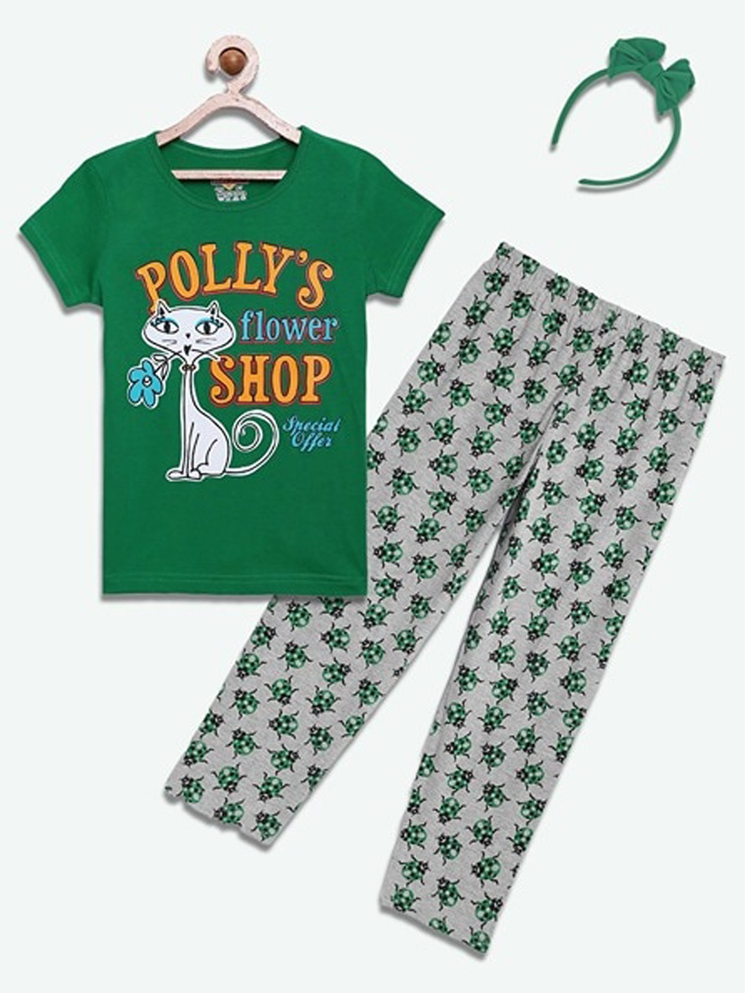 

SINI MINI Girls Printed Night suit, Green