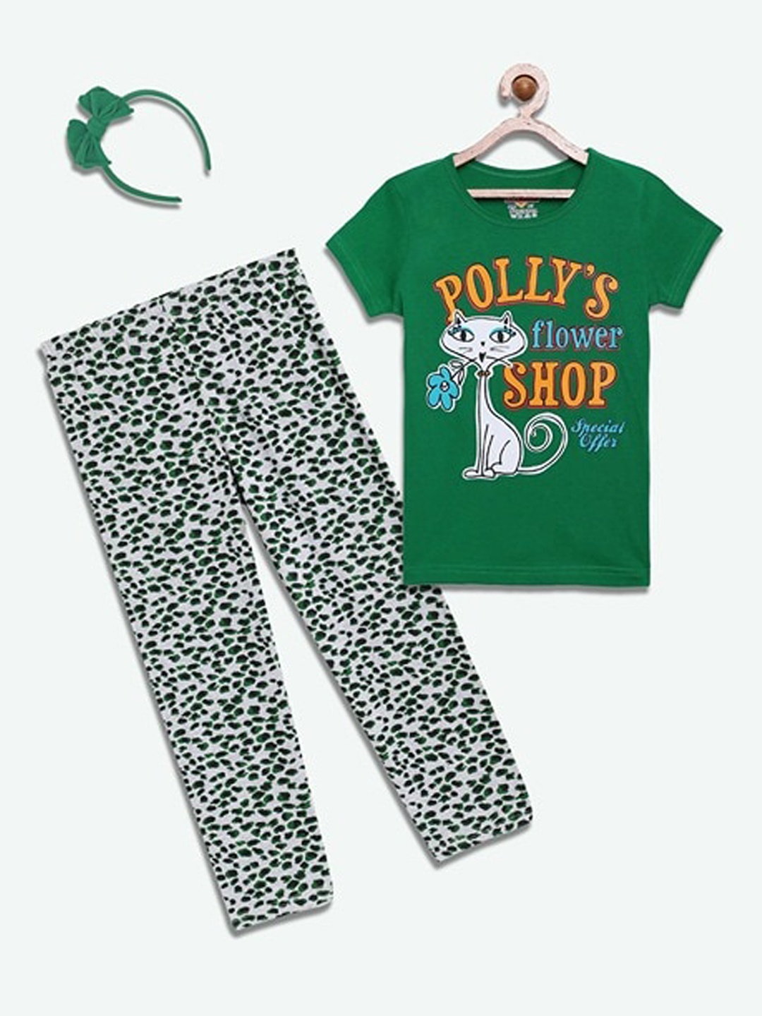

SINI MINI Girls Printed Night suit, Lime green