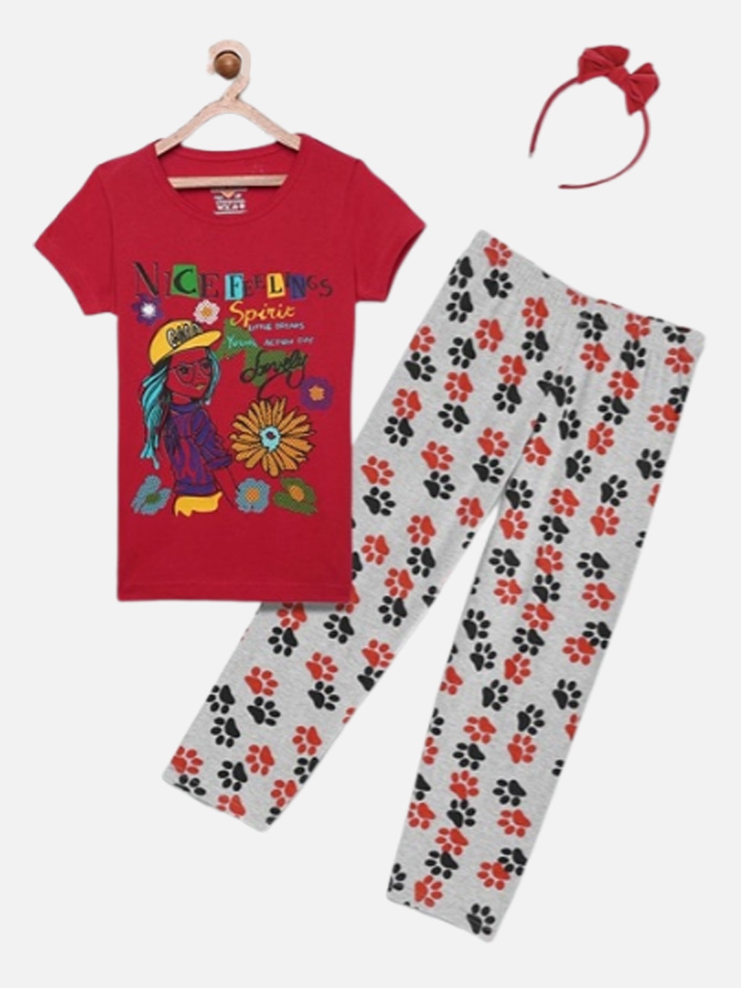 

SINI MINI Girls Printed Night suit, Red