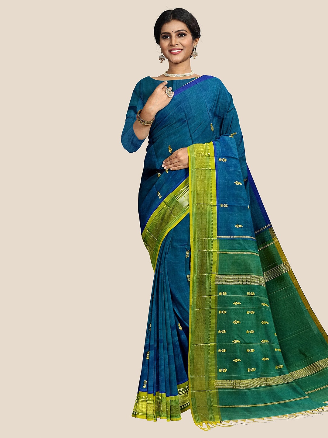 

The Chennai Silks Ethnic Motif Woven Zari Border Pure Silk Dharmavaram Saree, Blue