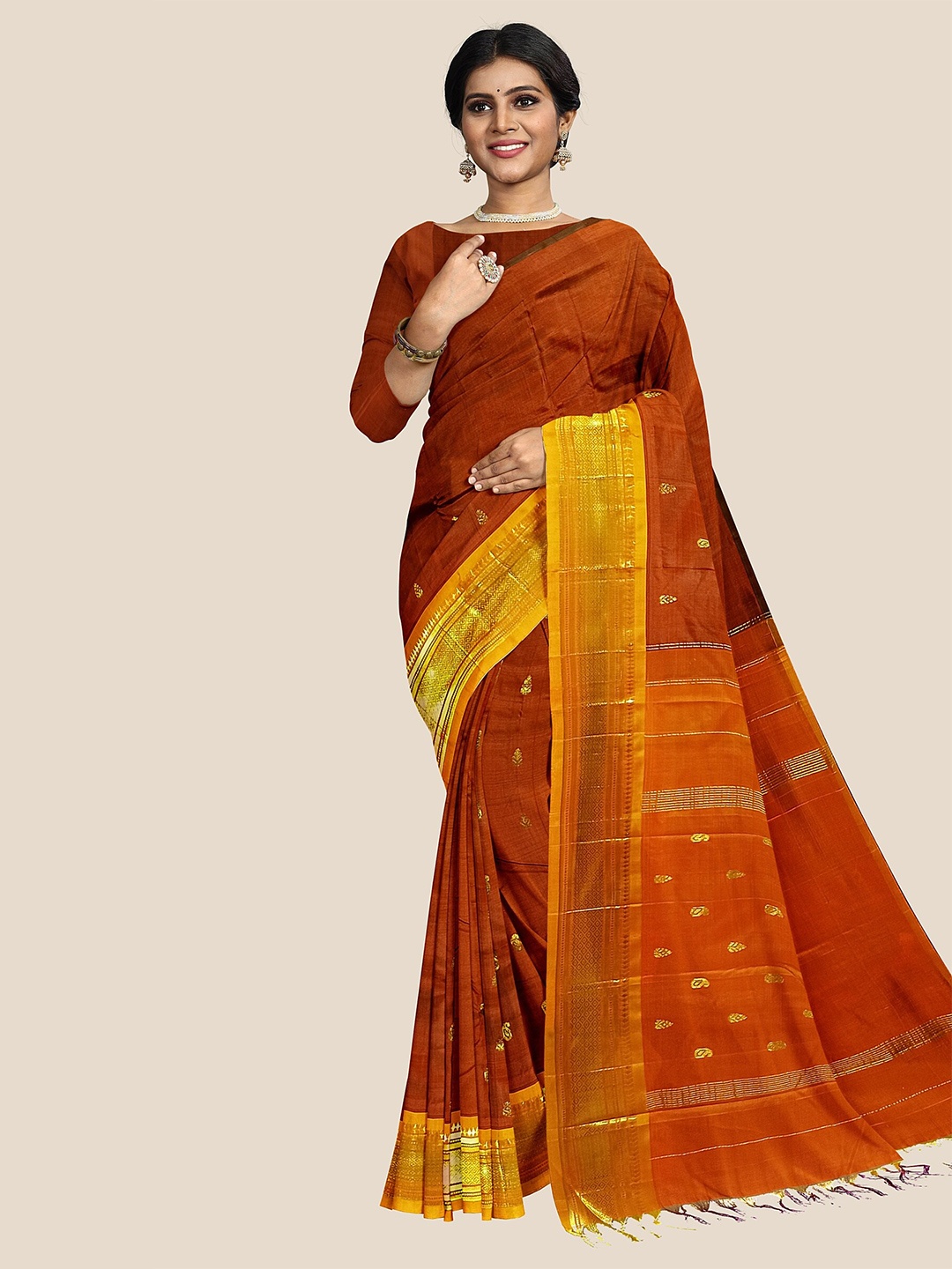 

The Chennai Silks Woven Design Zari Pure Silk Dharmavaram Saree, Rust