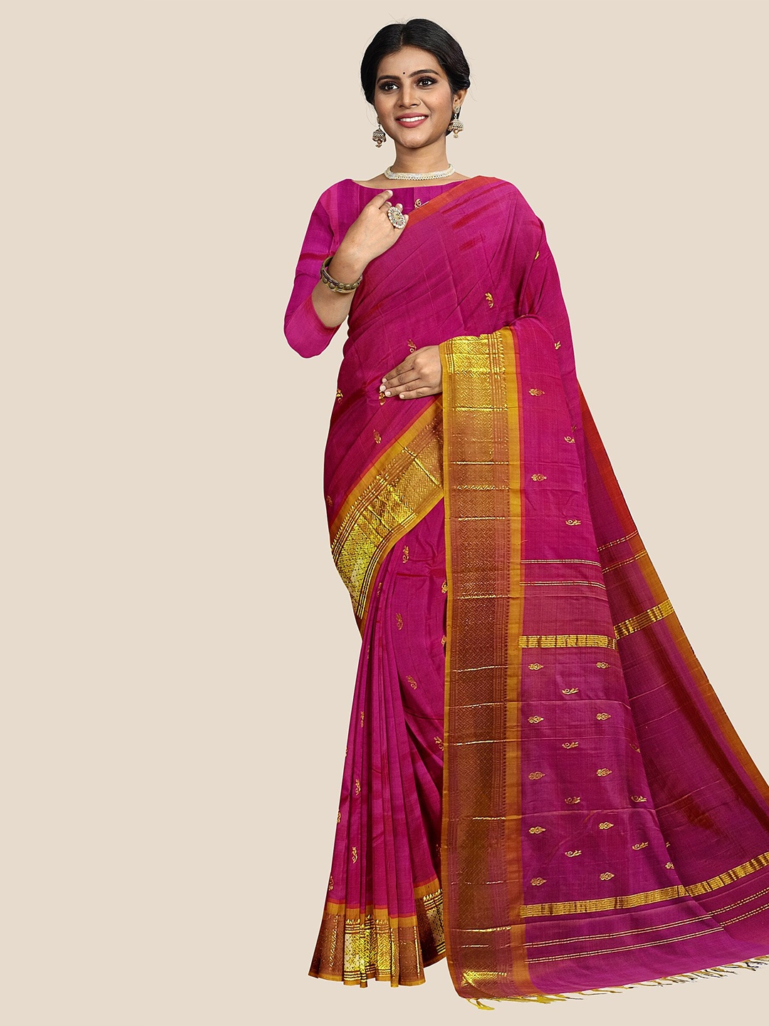 

The Chennai Silks Ethnic Motifs Zari Pure Silk Dharmavaram Saree, Pink