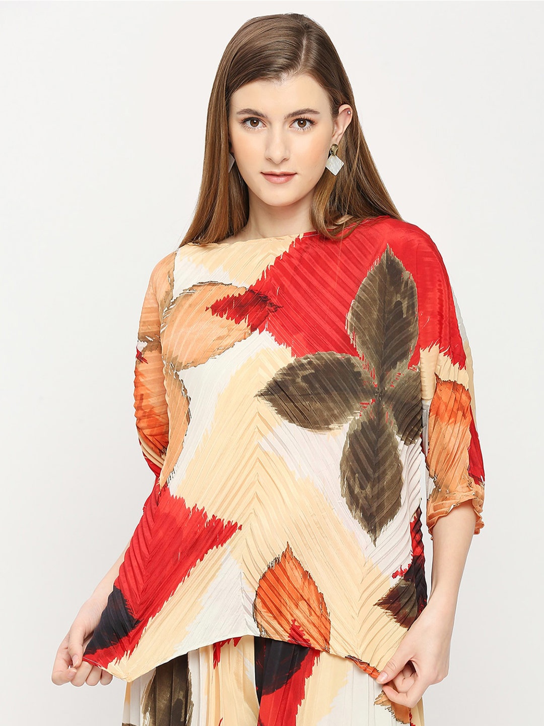 

Cloth Haus India Floral Printed Accordion Pleats Extended Sleeves Top, Beige