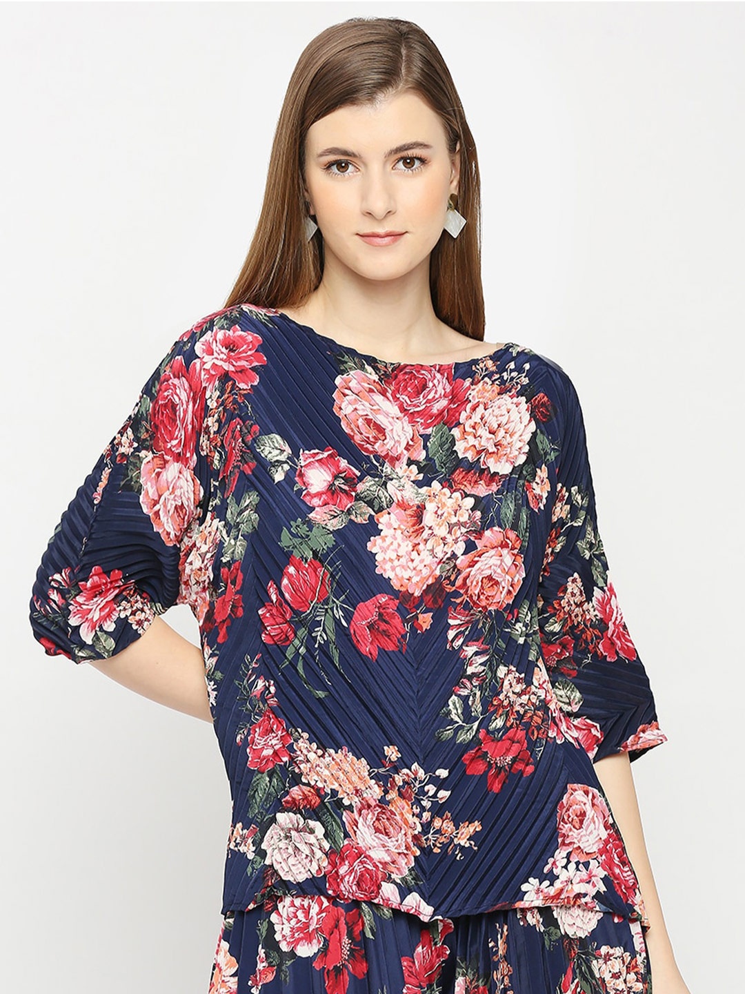 Cloth Haus India Floral Printed Accordion Pleats Extended Sleeves Top, Blue