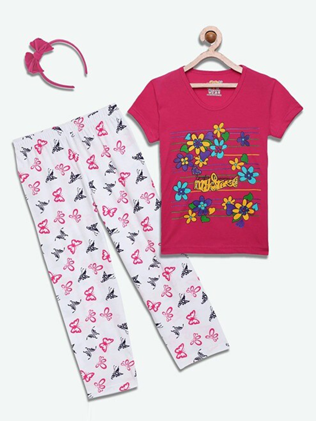 

SINI MINI Girls 2 Pieces Floral Printed Pure Cotton Night Suit, Pink