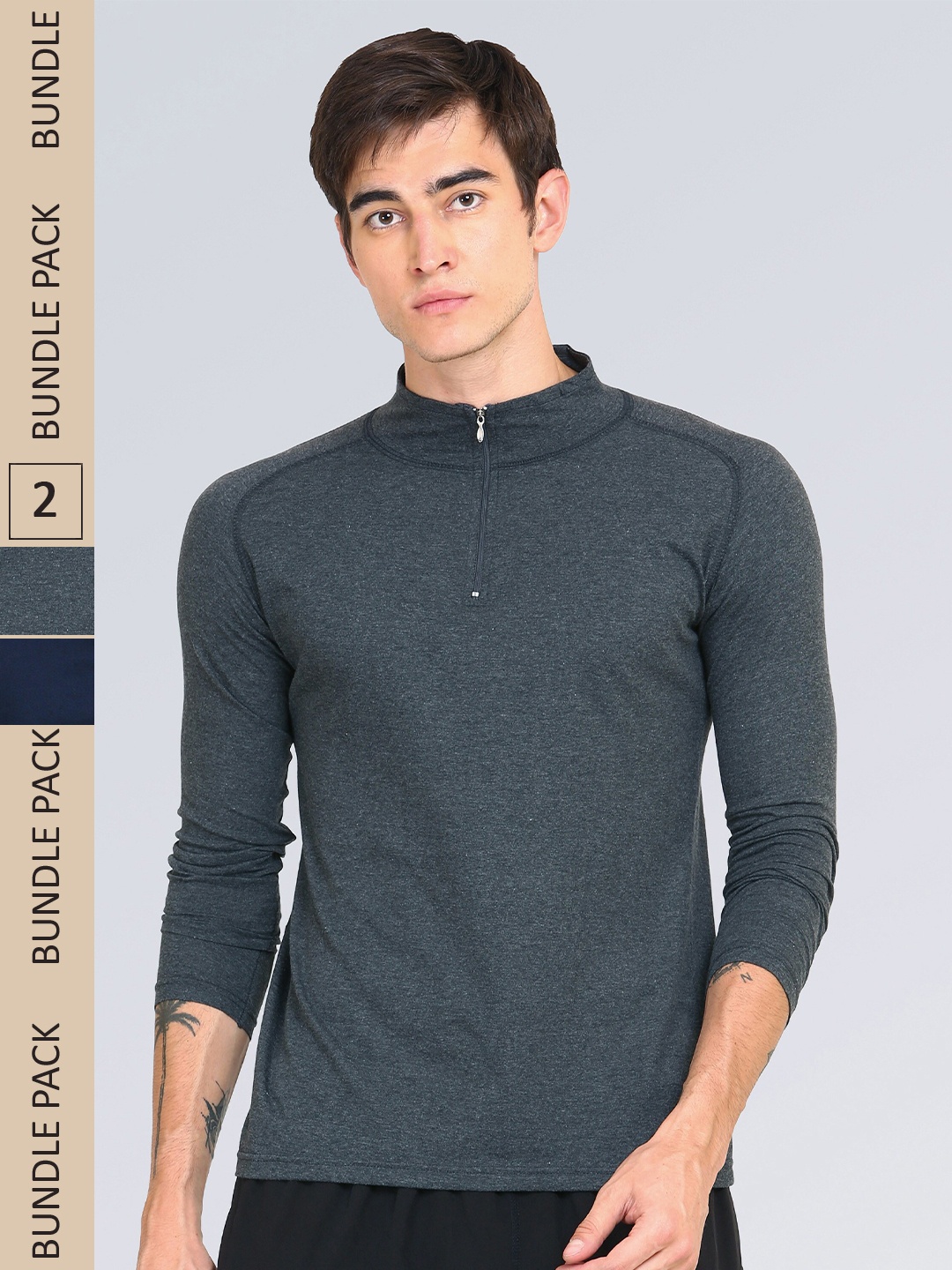 

appulse Men Pack Of 2 High Neck Slim Fit Cotton T-shirt, Grey