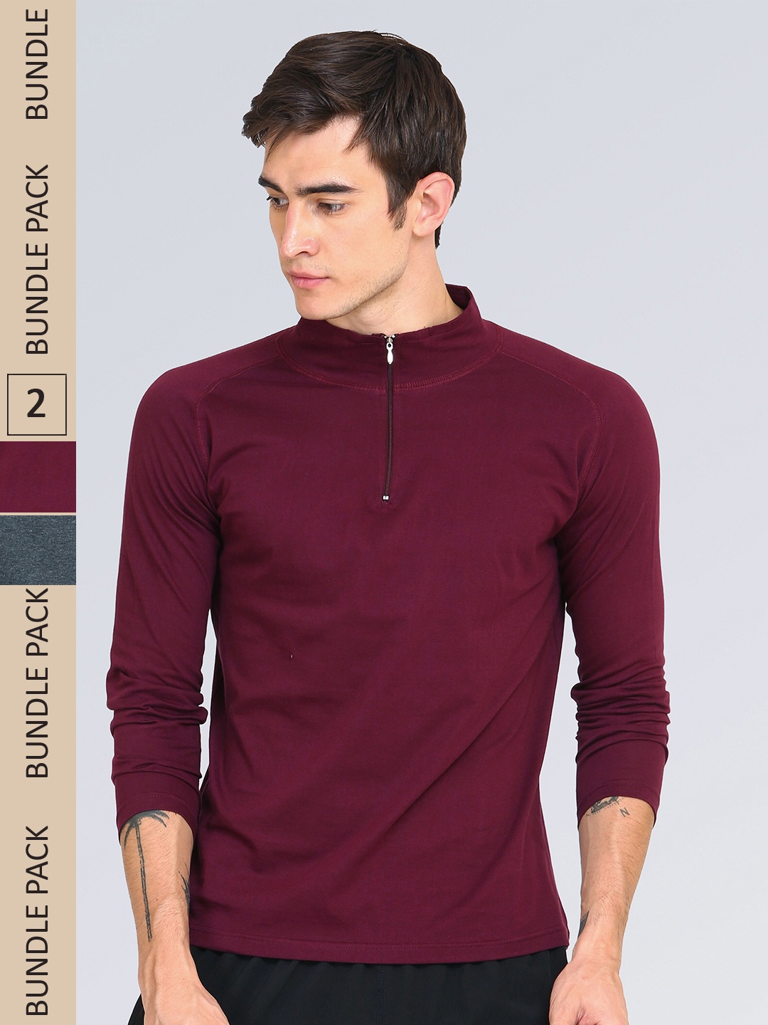 

appulse Men Pack Of 2 High Neck Slim Fit Cotton T-shirt, Maroon
