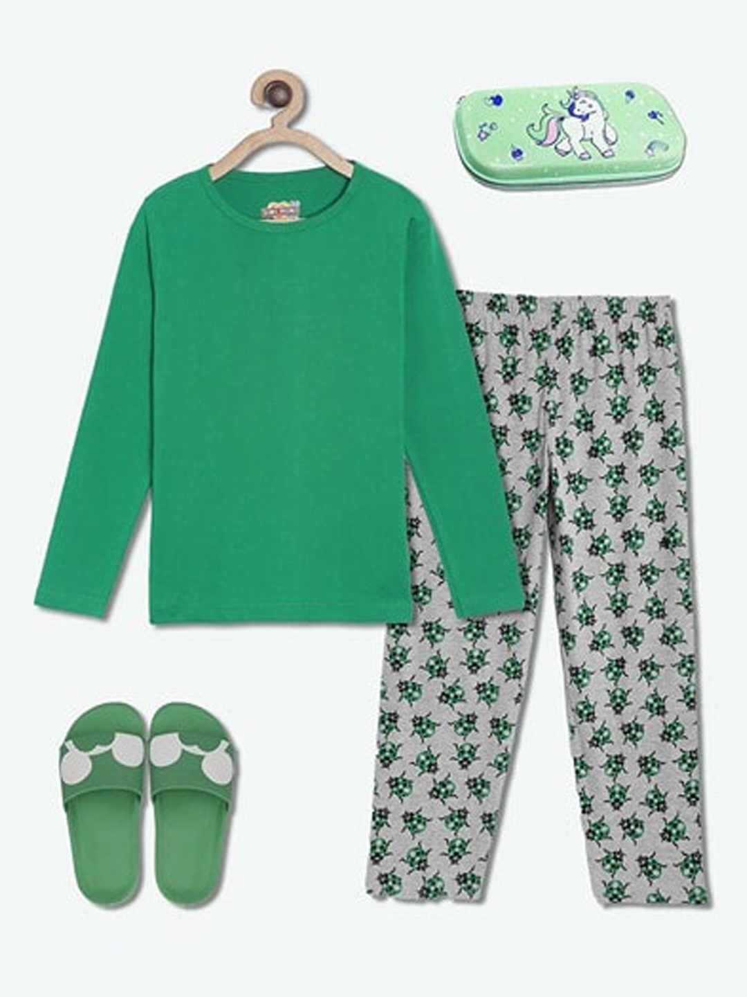

SINI MINI Girls 2 Pieces Conversational Printed Night Suit, Lime green