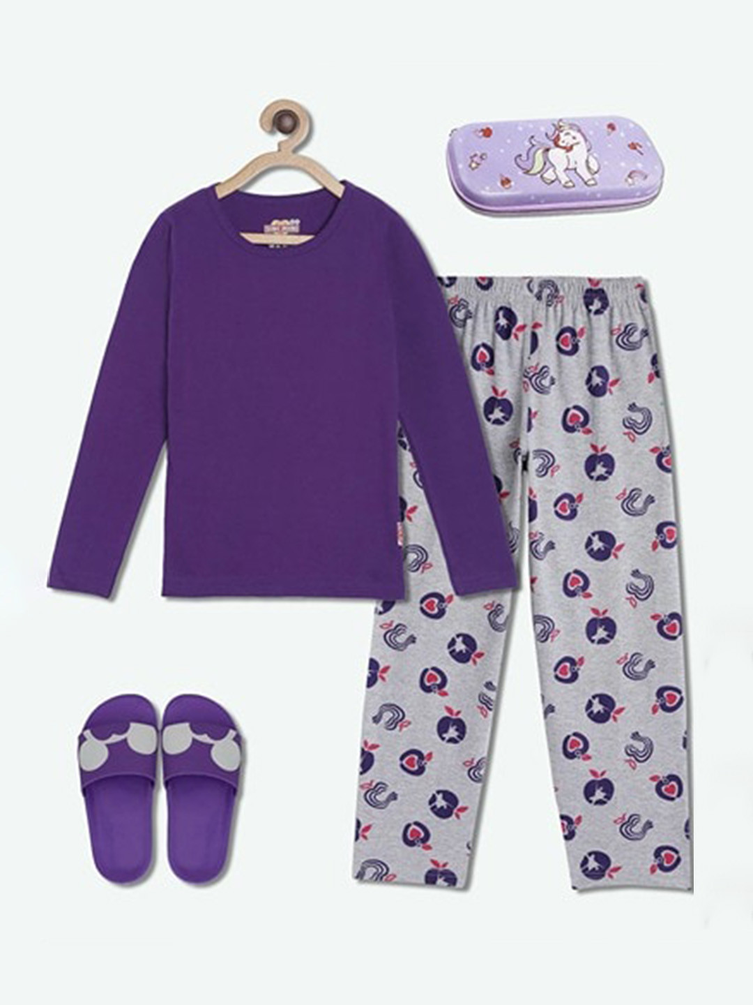 

SINI MINI Girls 2 Pieces Conversational Printed Night Suit, Purple