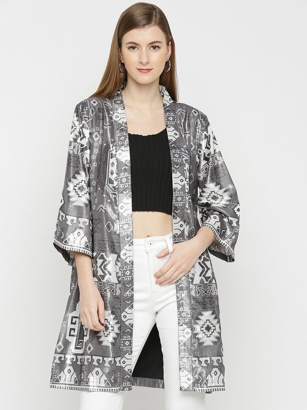 

Cloth Haus India Women Printed Cotton Shrug, Grey