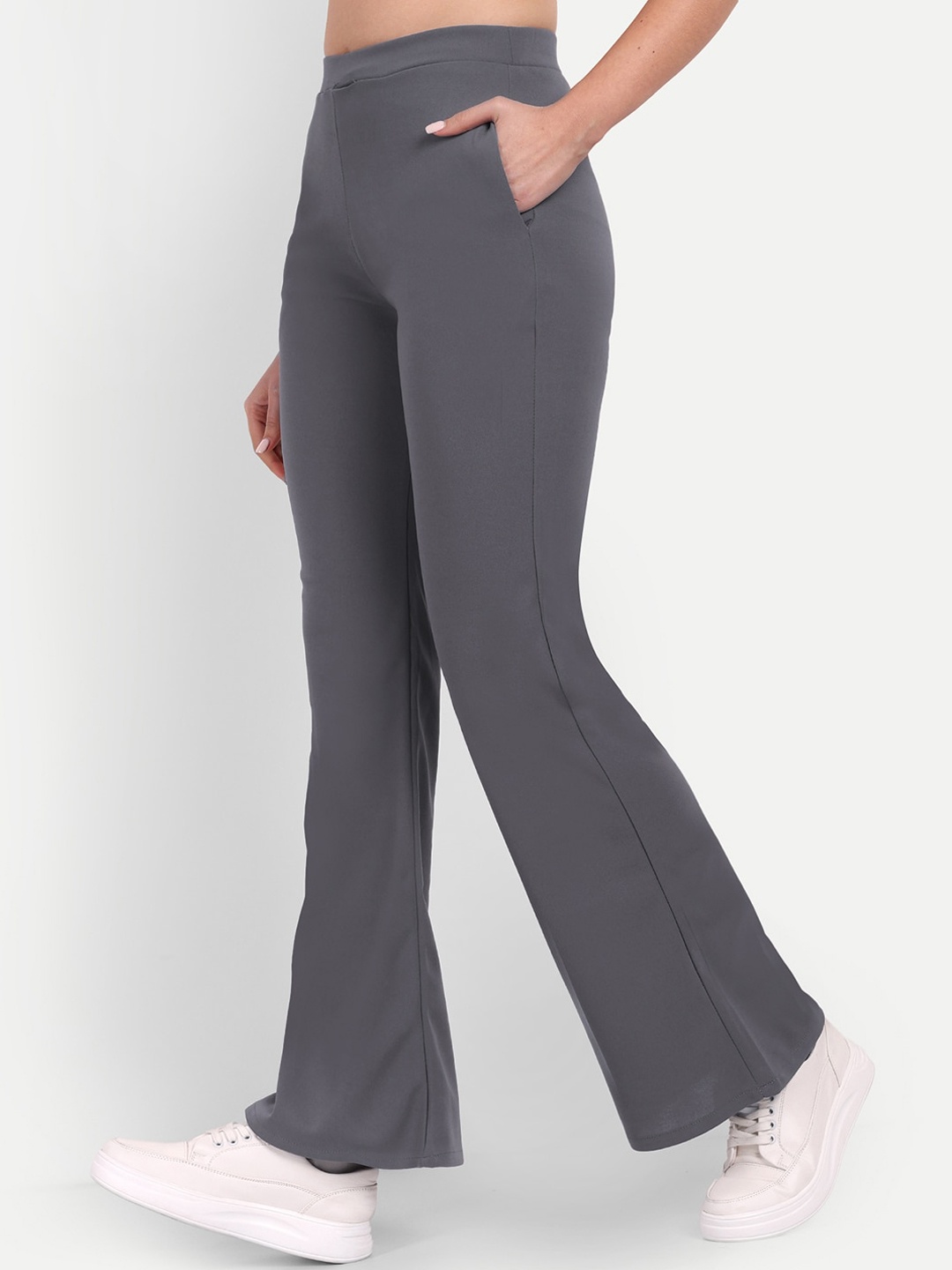 

Next One Women Grey Relaxed Flared High-Rise Non Iron Bootcut Trousers