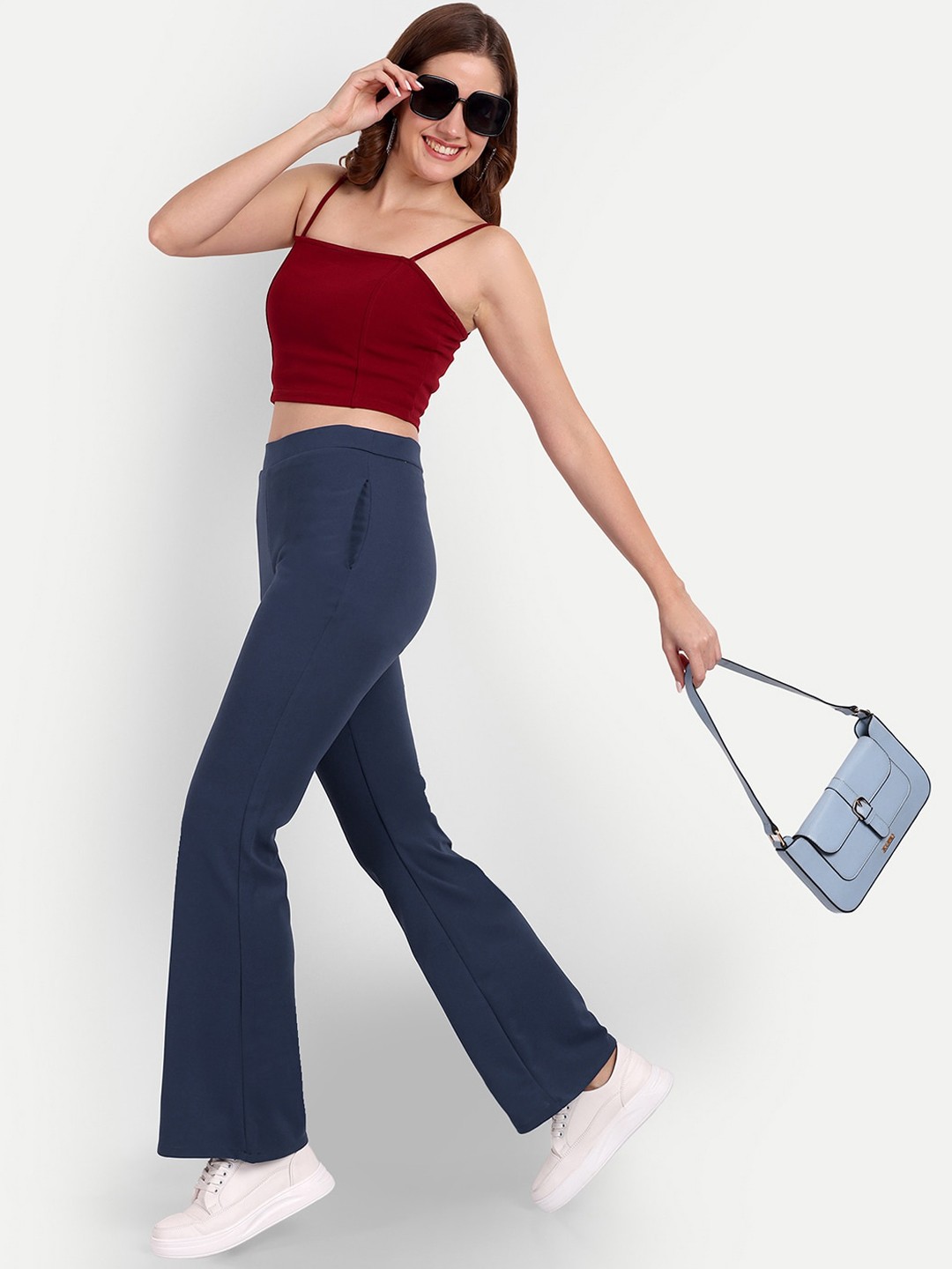 

Next One Women Relaxed Flared High-Rise Non Iron Bootcut Trousers, Navy blue
