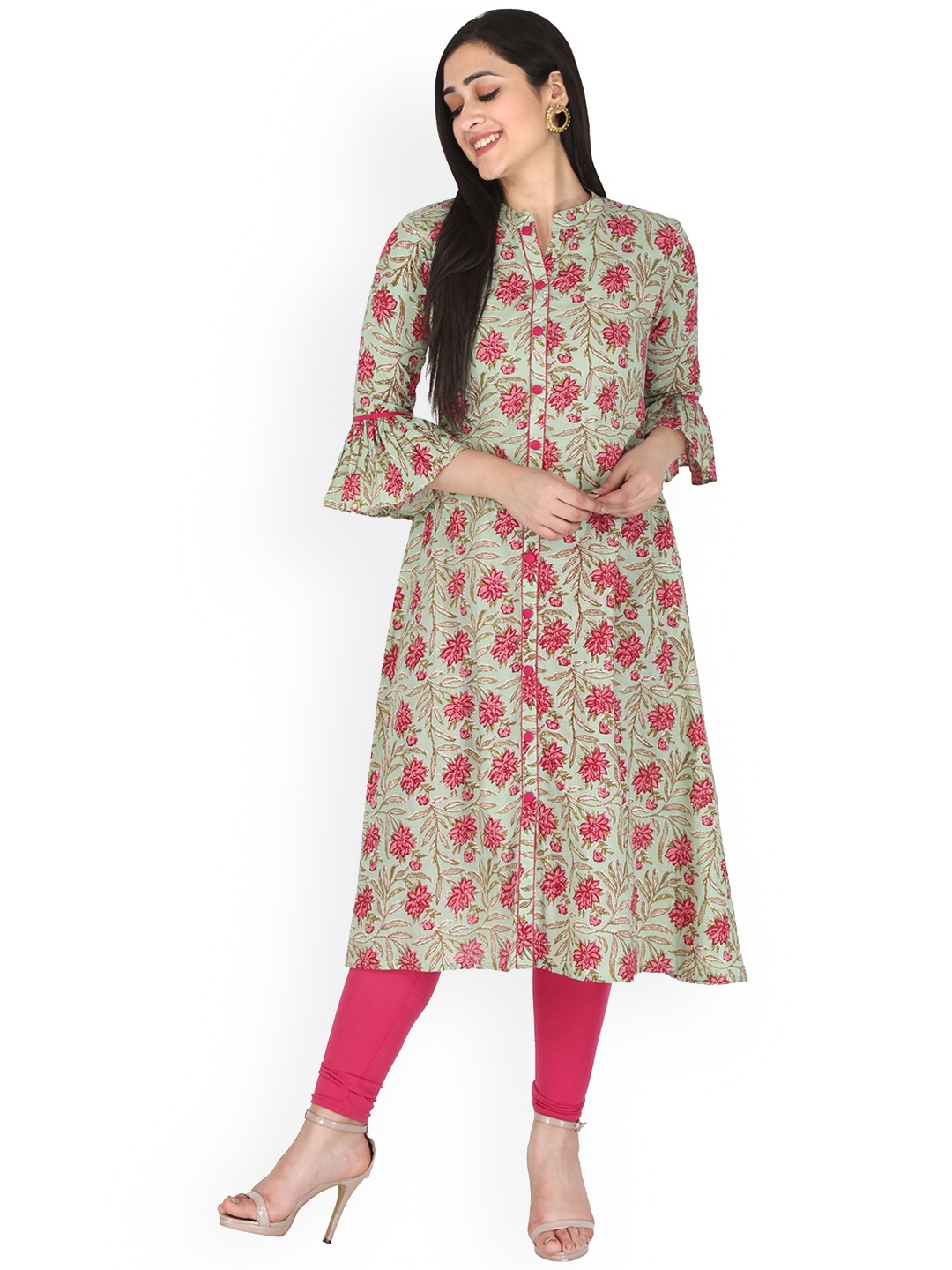 

KANNAHI Women Floral Printed Bell Sleeves Pure Cotton A-Line Kurta, Green