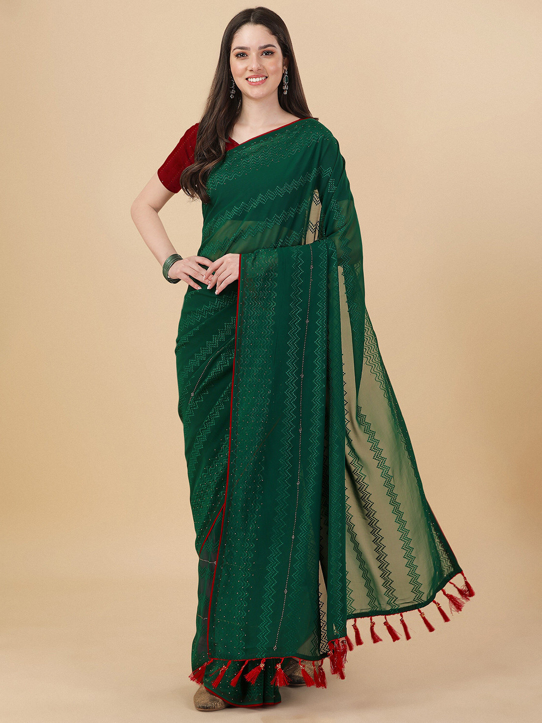 

Mitera Lucknowi Embroidered And Diamond Embellished Georgette Saree, Fluorescent green