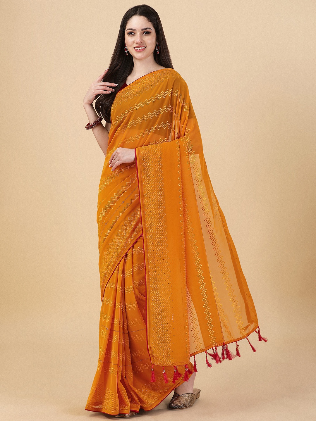 

Mitera Lucknowi Embroidered And Diamond Embellished Georgette Saree, Yellow