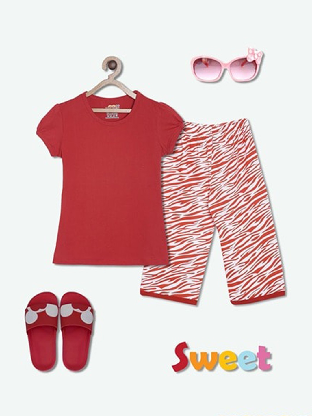

SINI MINI Girls Animal Printed Pure Cotton Night Suit, Rose