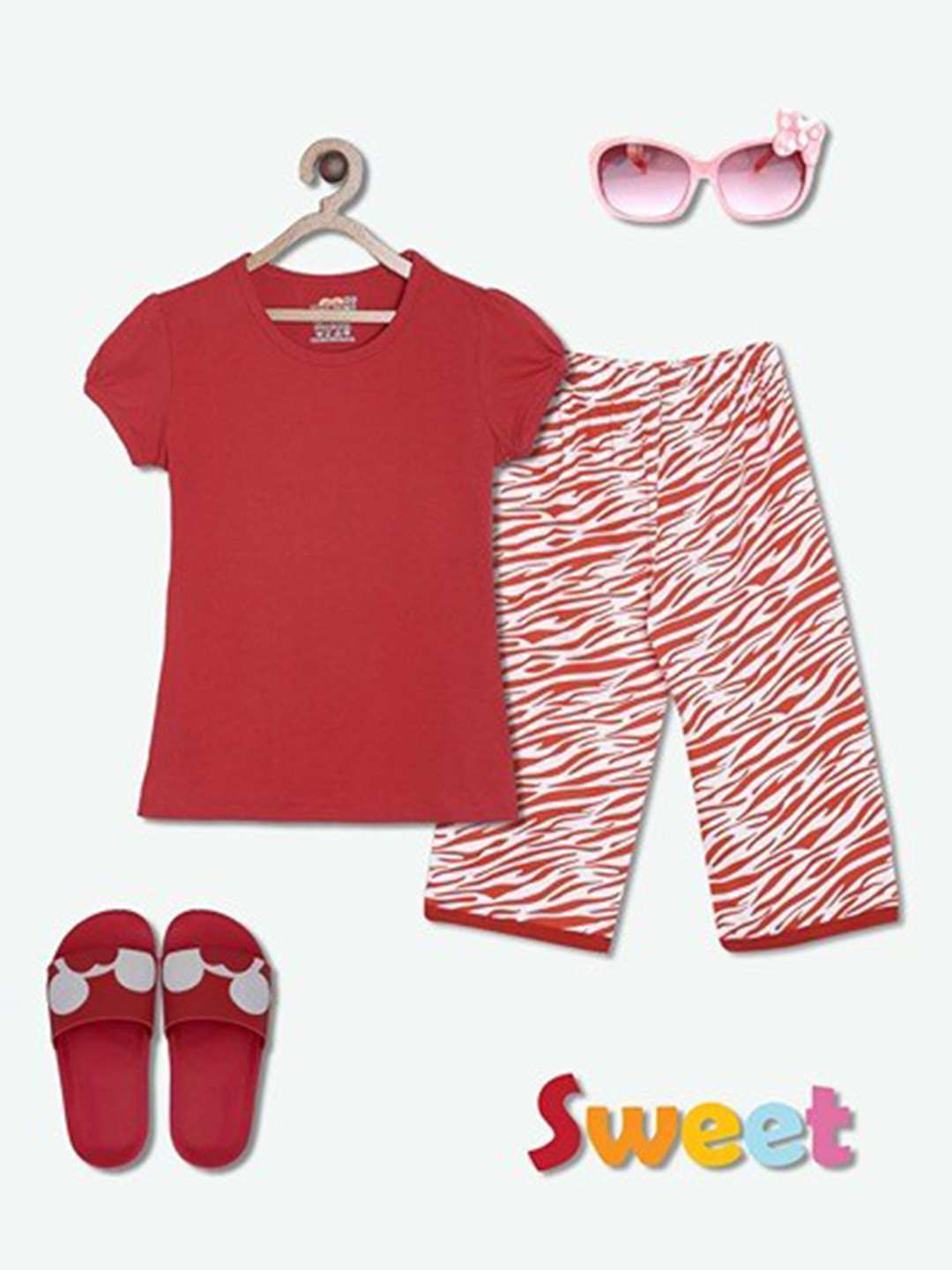 

SINI MINI Girls Animal Printed Pure Cotton Night Suit, Red