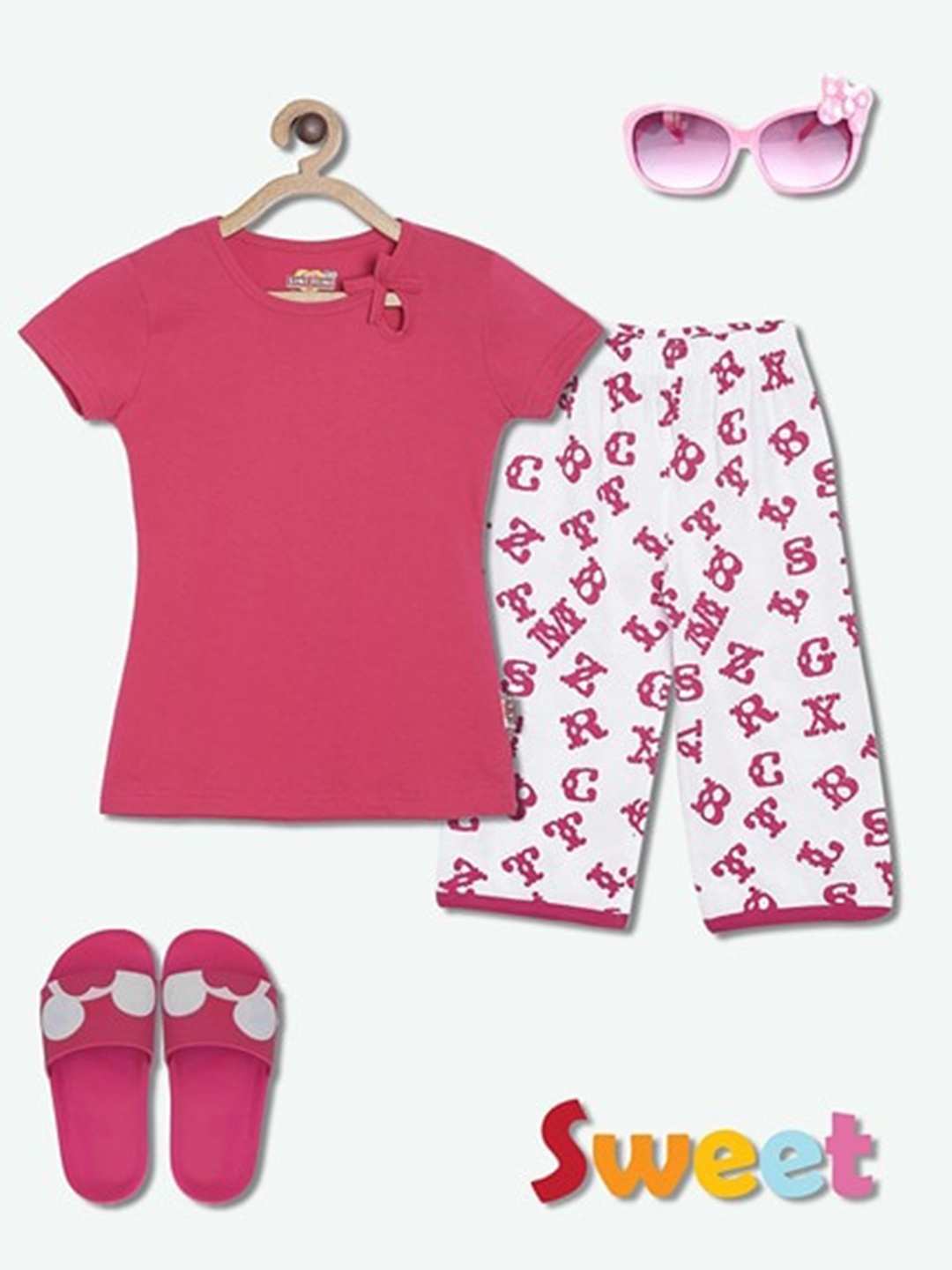 

SINI MINI Girls Typography Printed Pure Cotton Night Suit, Pink
