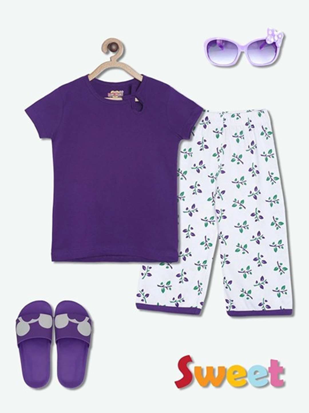

SINI MINI Girls Floral Printed Pure Cotton Night Suit, Purple