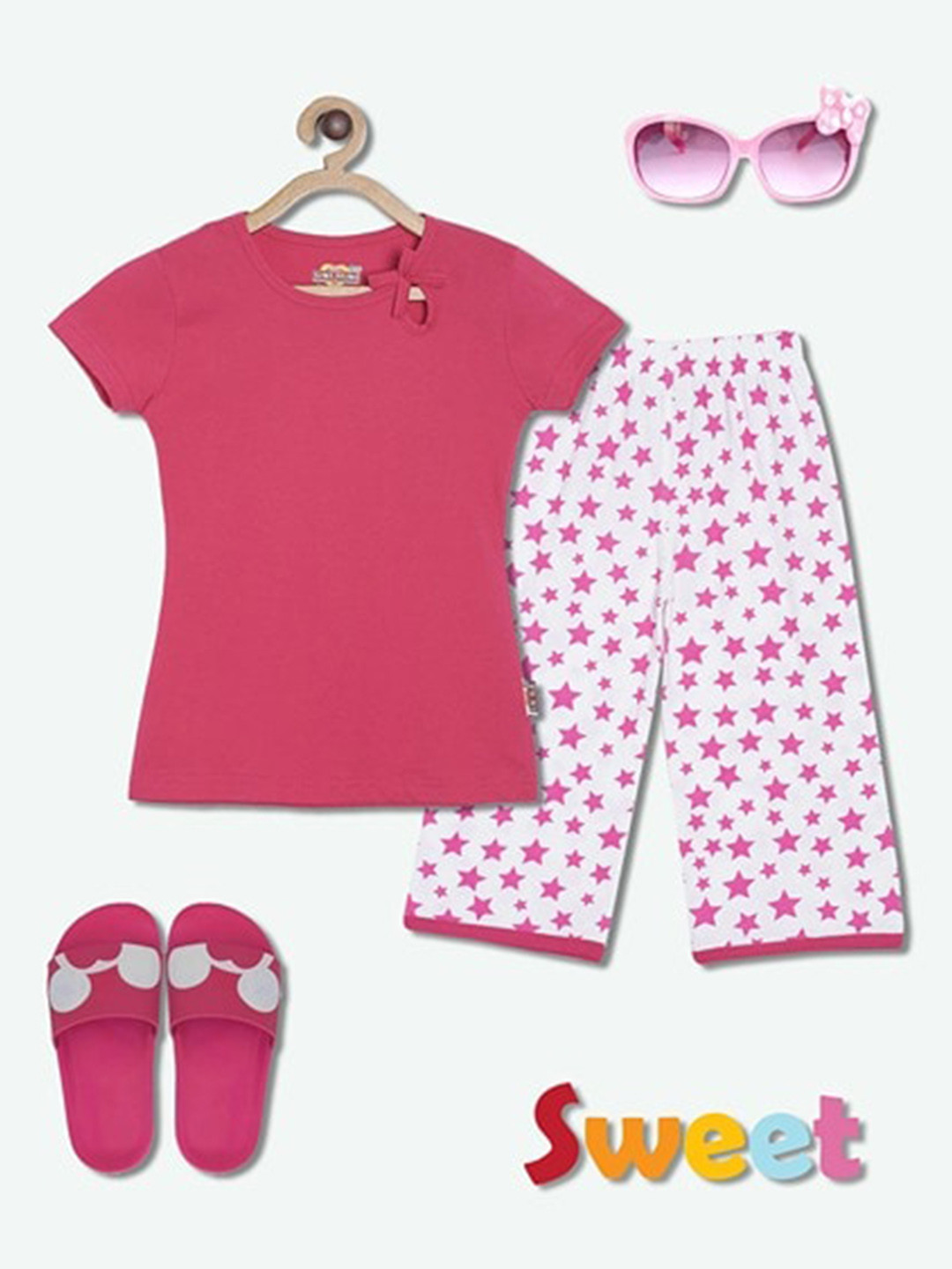

SINI MINI Girls Conversational Printed Pure Cotton Night Suit, Magenta