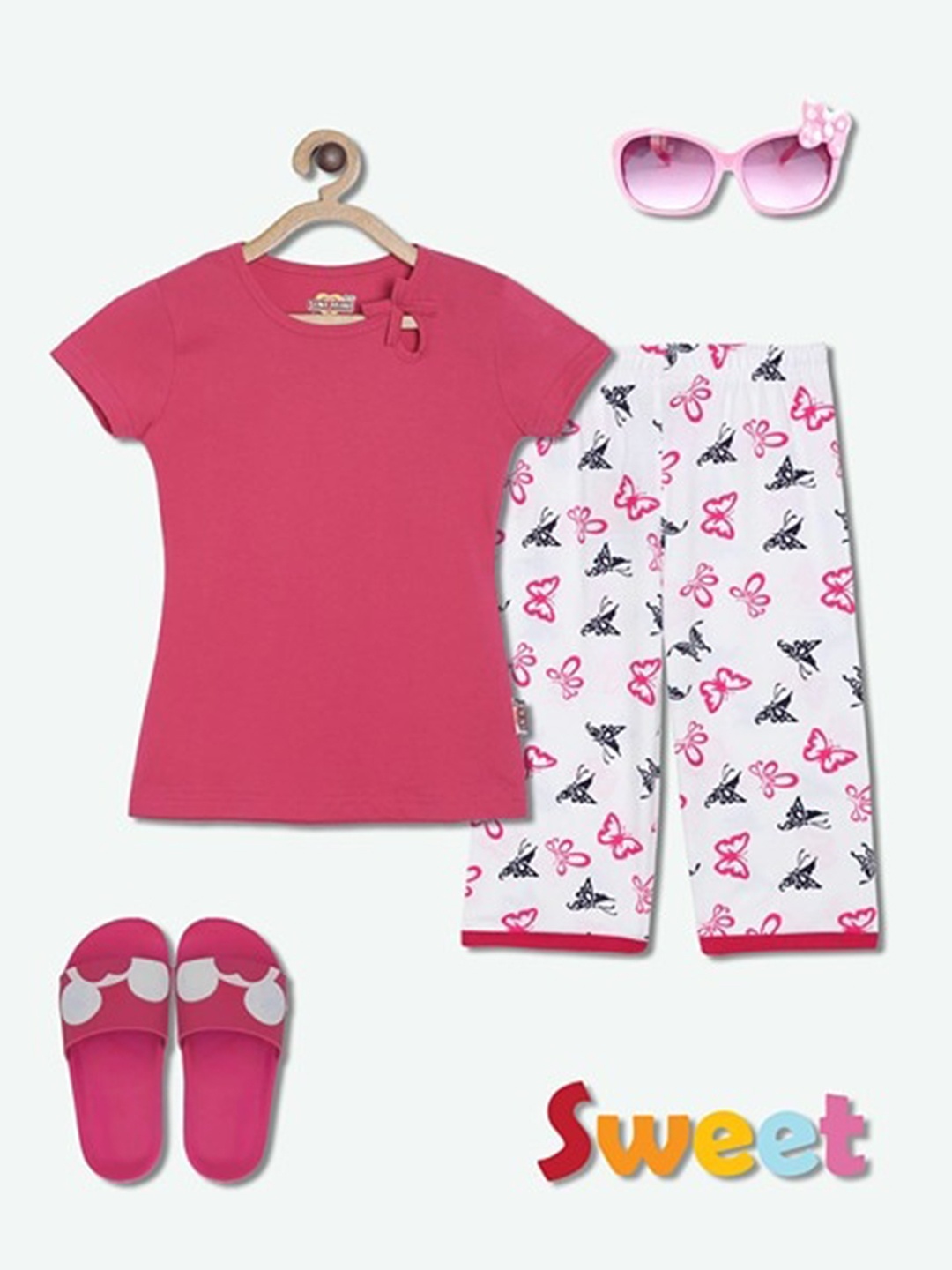

SINI MINI Girls Conversational Printed Pure Cotton Night Suit, Pink