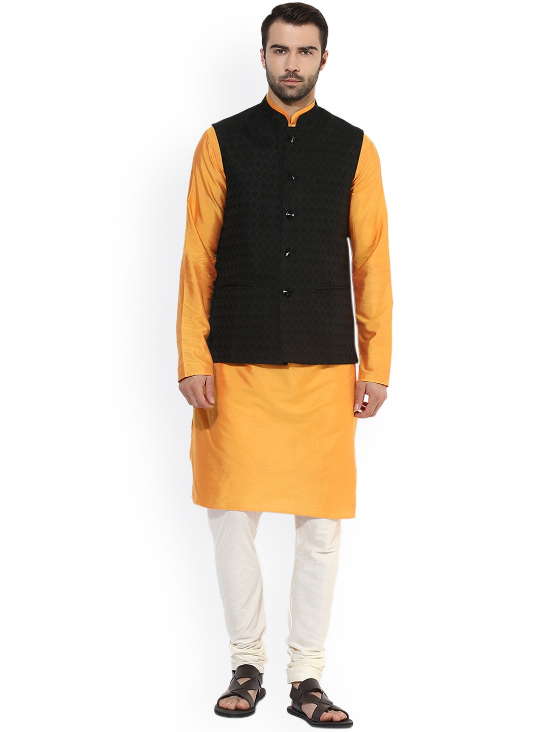 

KISAH Men Yellow & Black Solid Kurta with Churidar and Nehru Jacket