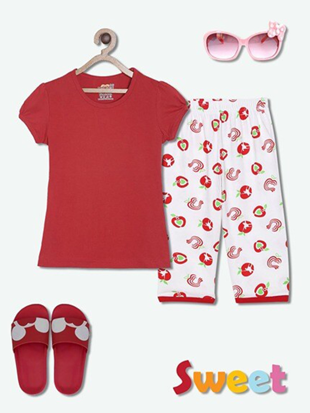

SINI MINI Girls Conversational Printed Pure Cotton Night Suit, Red