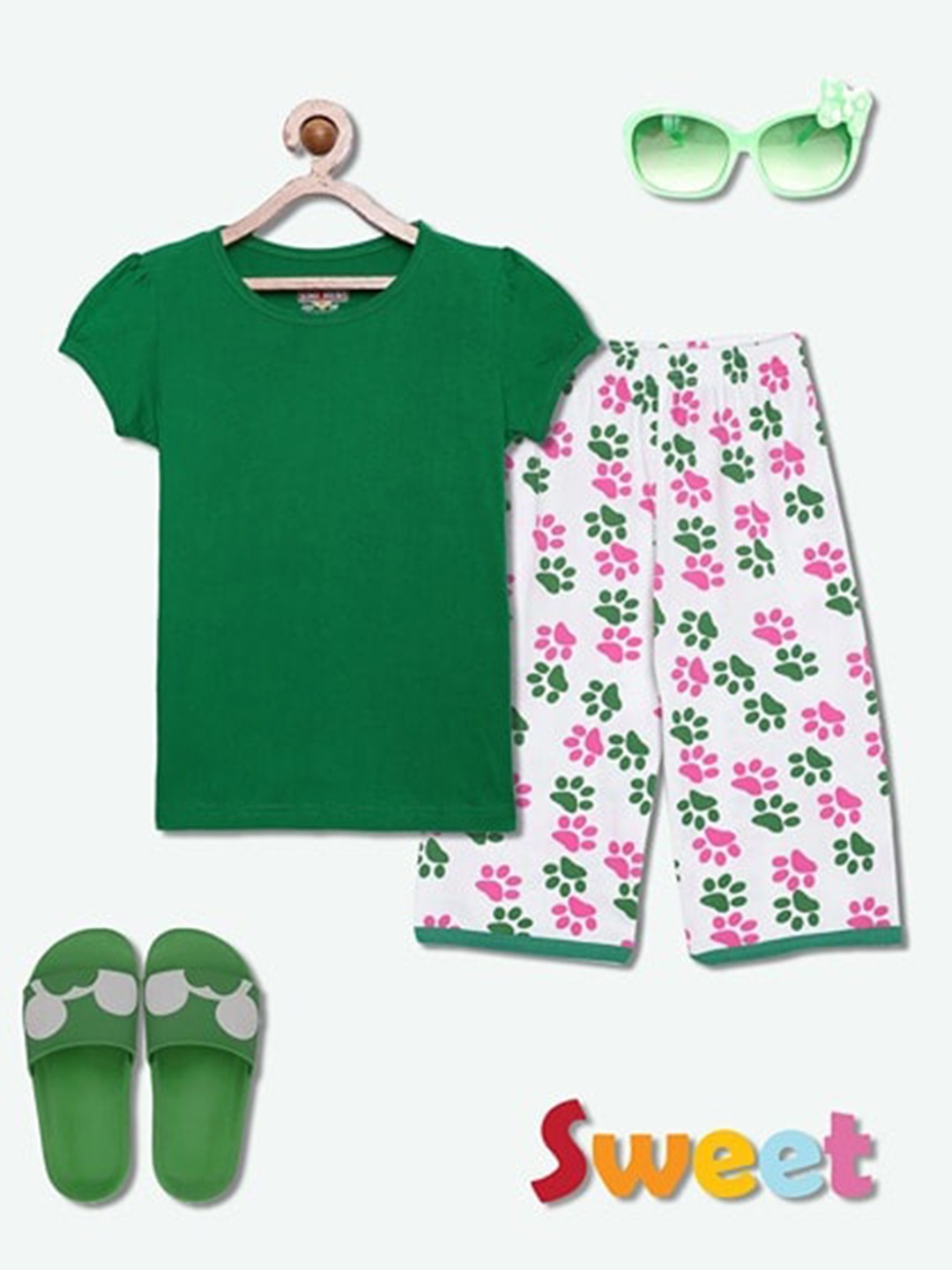 

SINI MINI Girls Animal Printed Pure Cotton Night Suit, Green