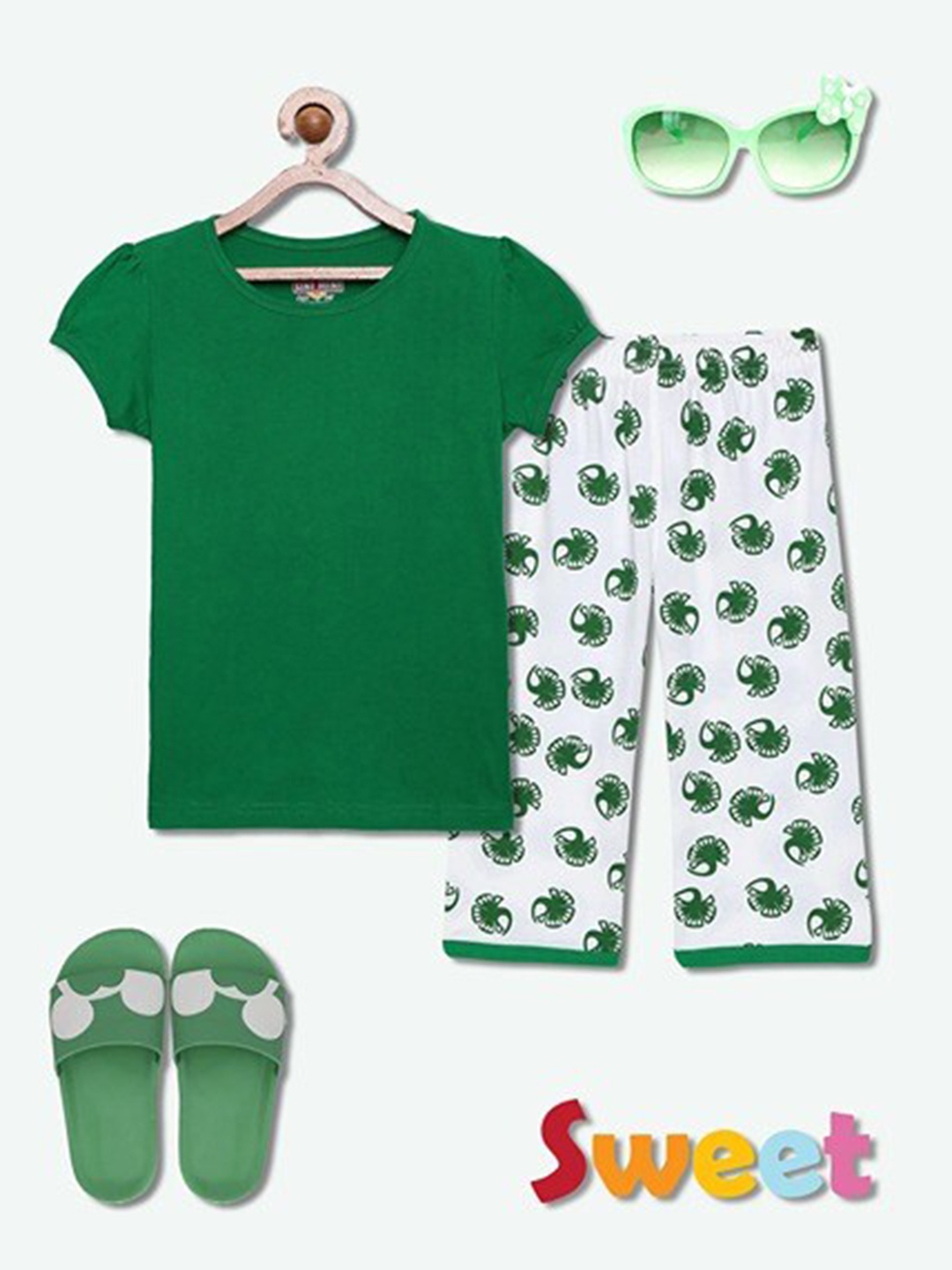

SINI MINI Girls Floral Printed Pure Cotton Night Suit, Green