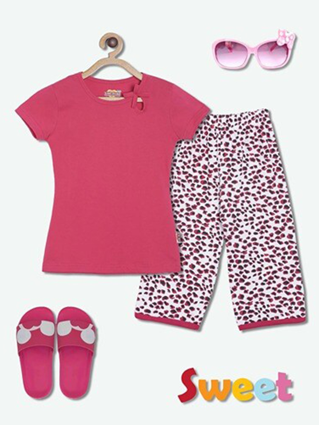 

SINI MINI Girls Animal Printed Pure Cotton Night Suit, Pink