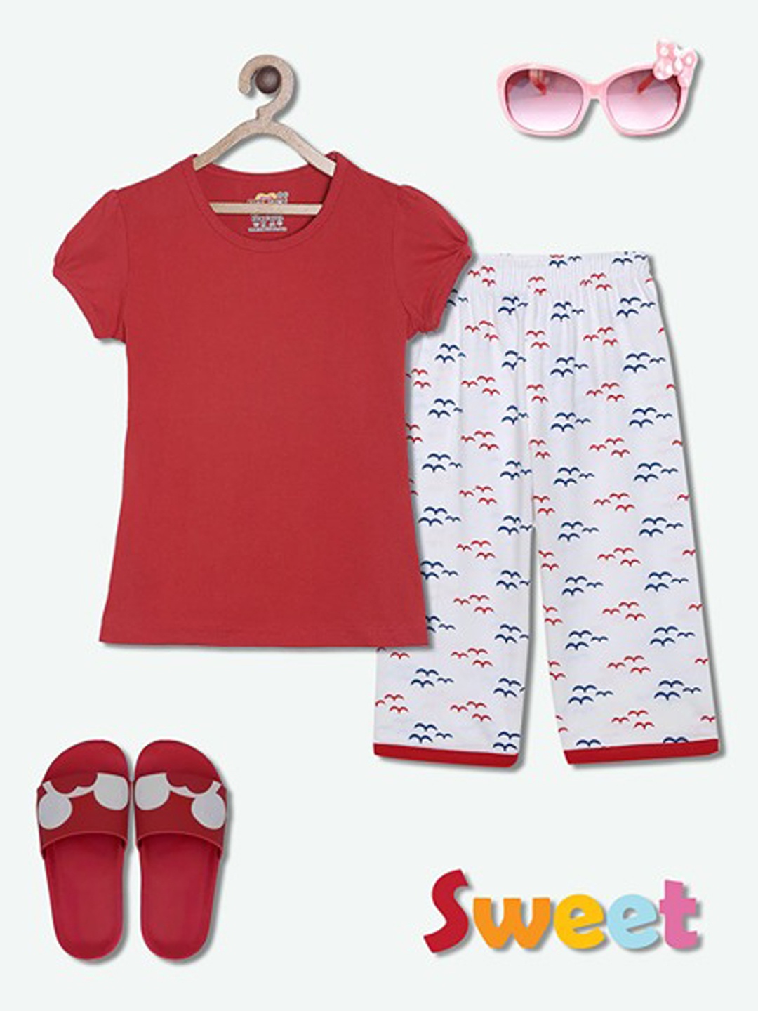 

SINI MINI Girls Conversational Printed Pure Cotton Night Suit, Red