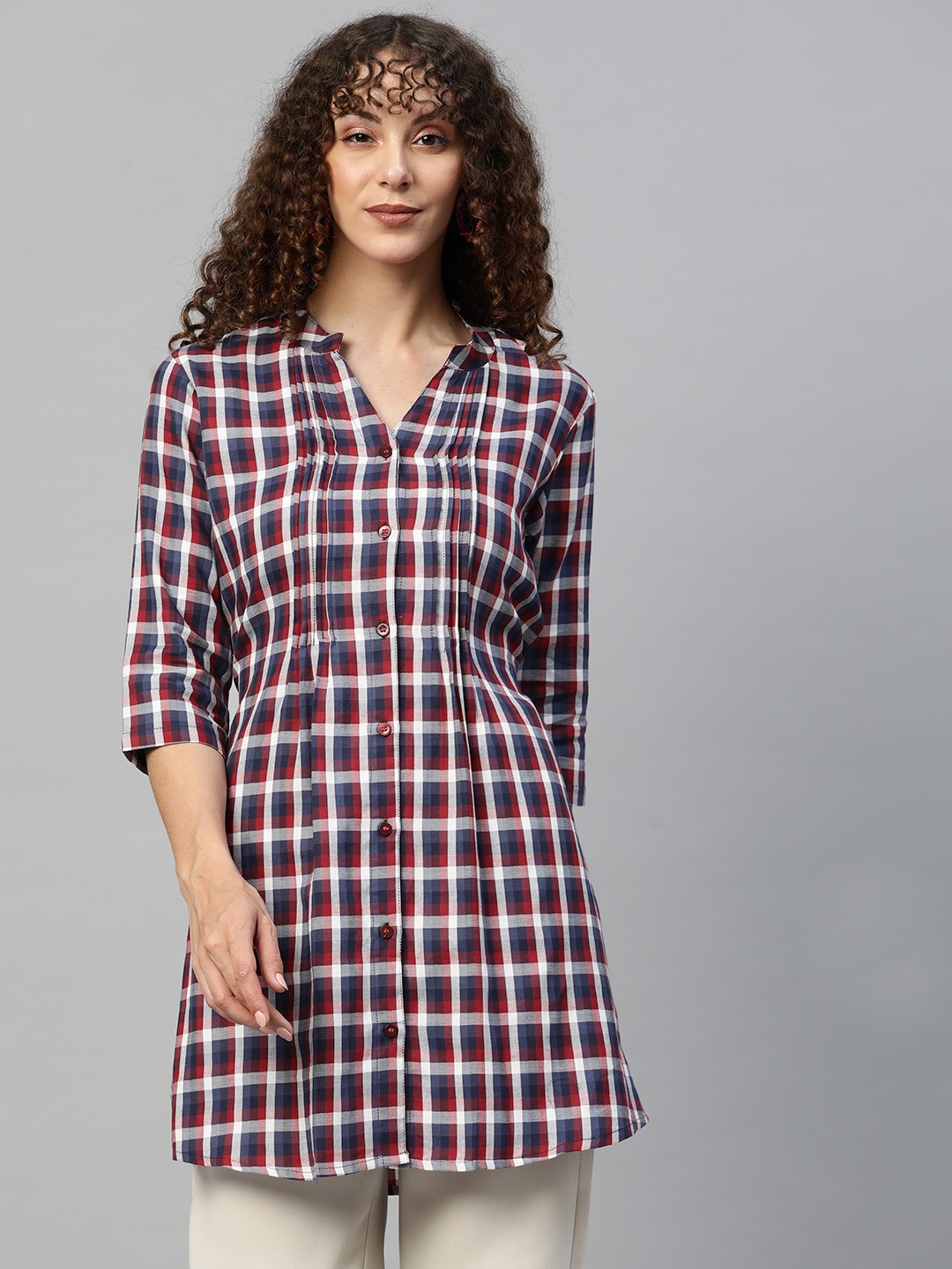 

One Femme Pure Cotton Mandarin Collar Checked Shirt Style Tunic, Red