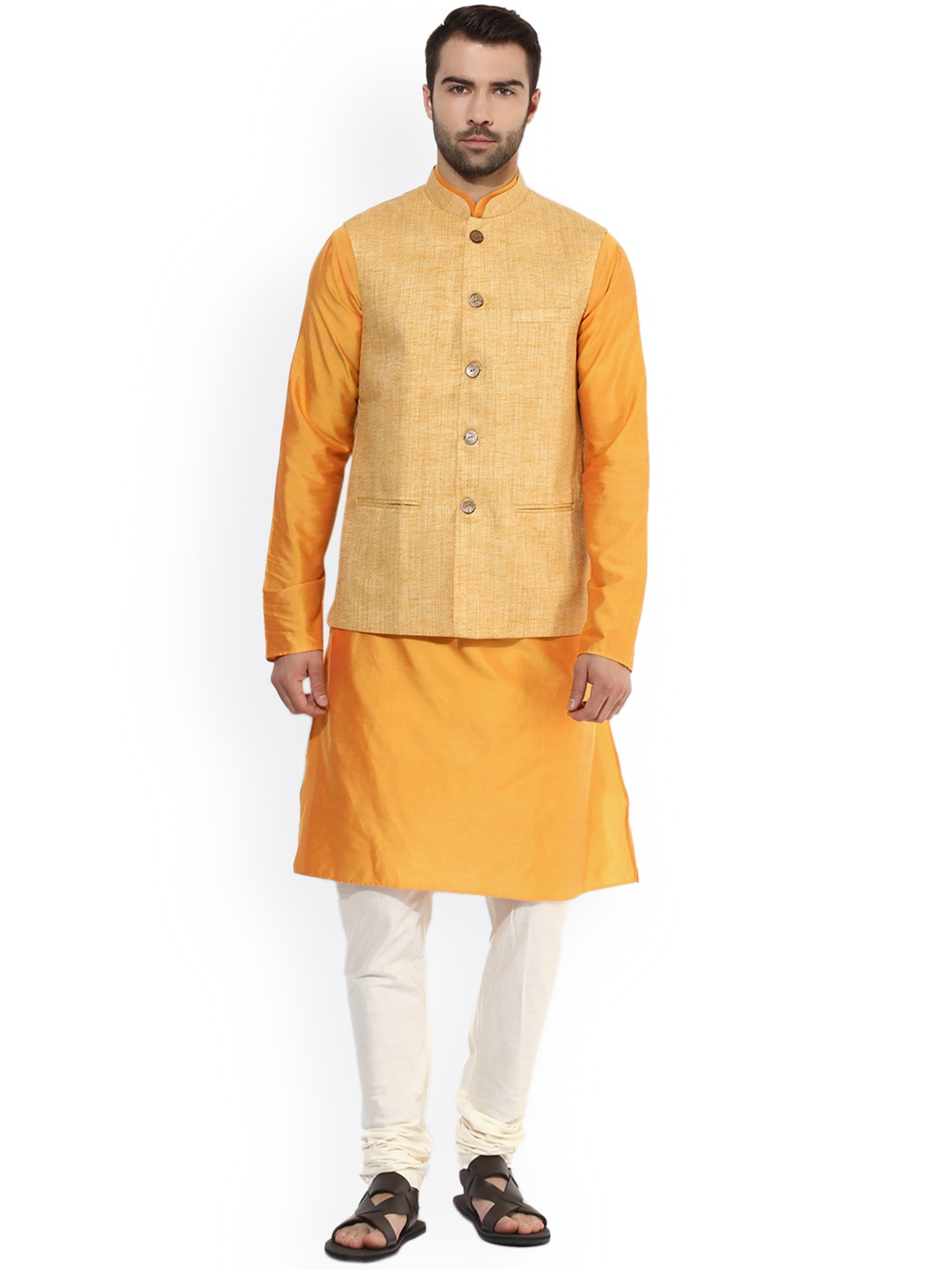 

KISAH Men Yellow & Off-White Solid Kurta with Churidar and Nehru Jacket