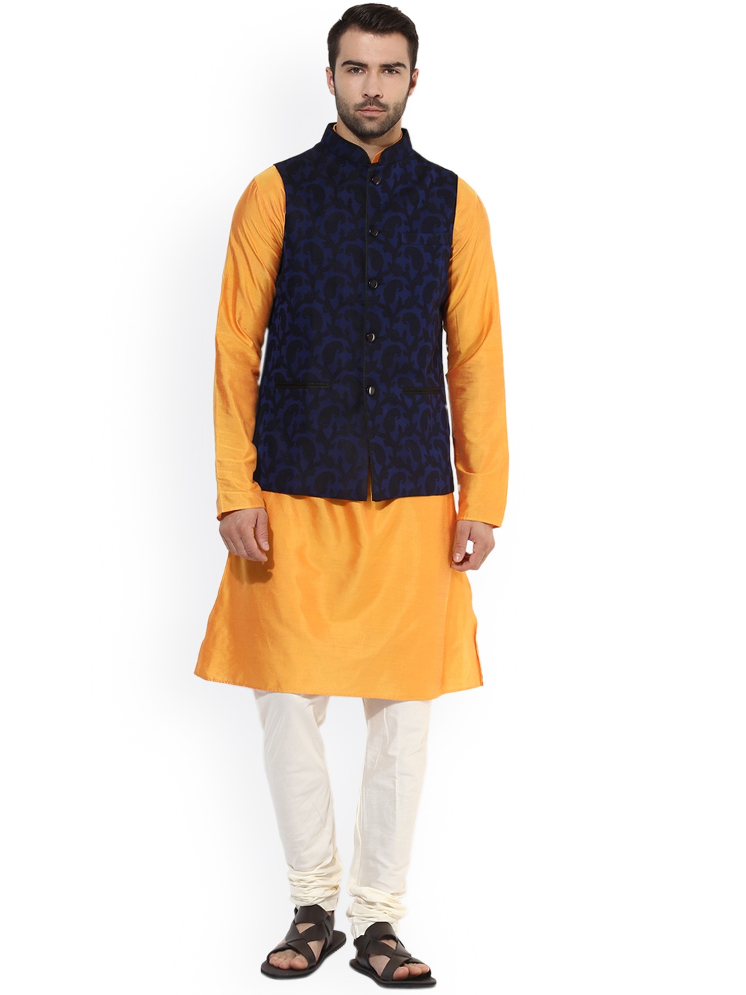 

KISAH Men Yellow & Navy Blue Solid Kurta with Churidar and Nehru Jacket