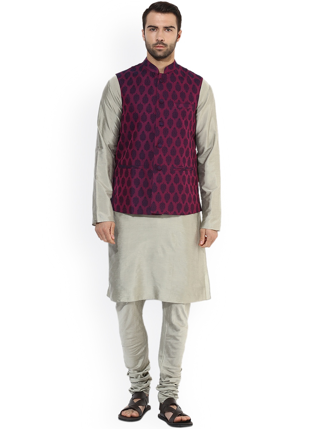 

KISAH Men Grey & Magenta Solid Kurta with Churidar and Nehru Jacket