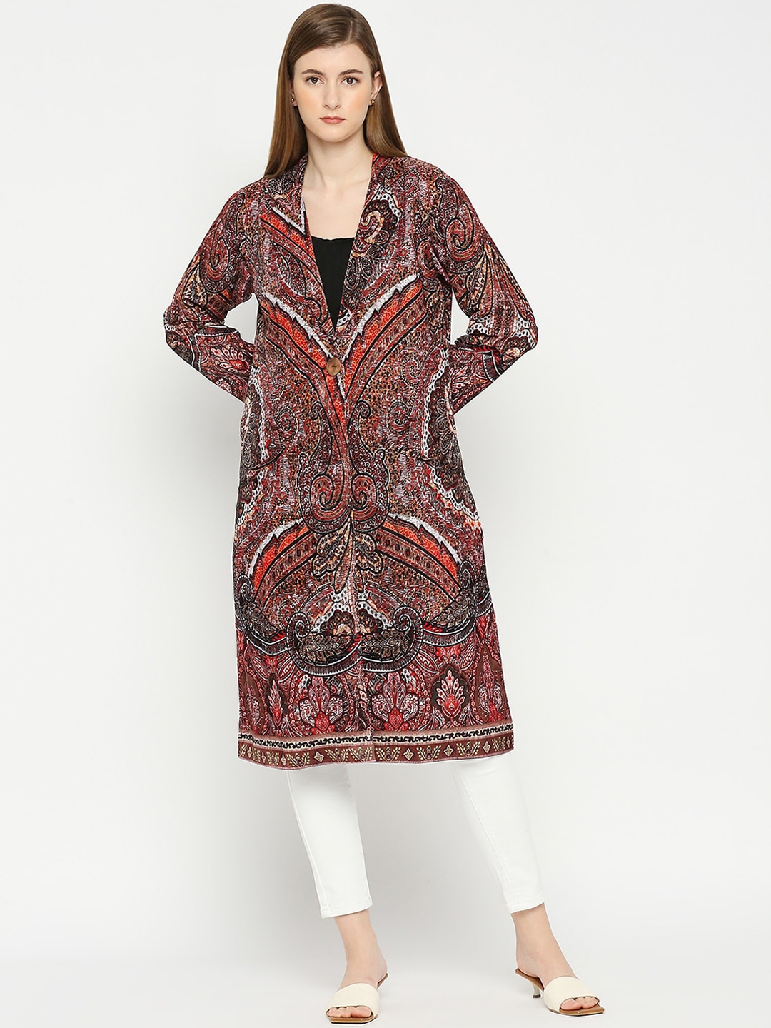 

Cloth Haus India Women Floral Lightweight Longline Tailored Jacket, Maroon